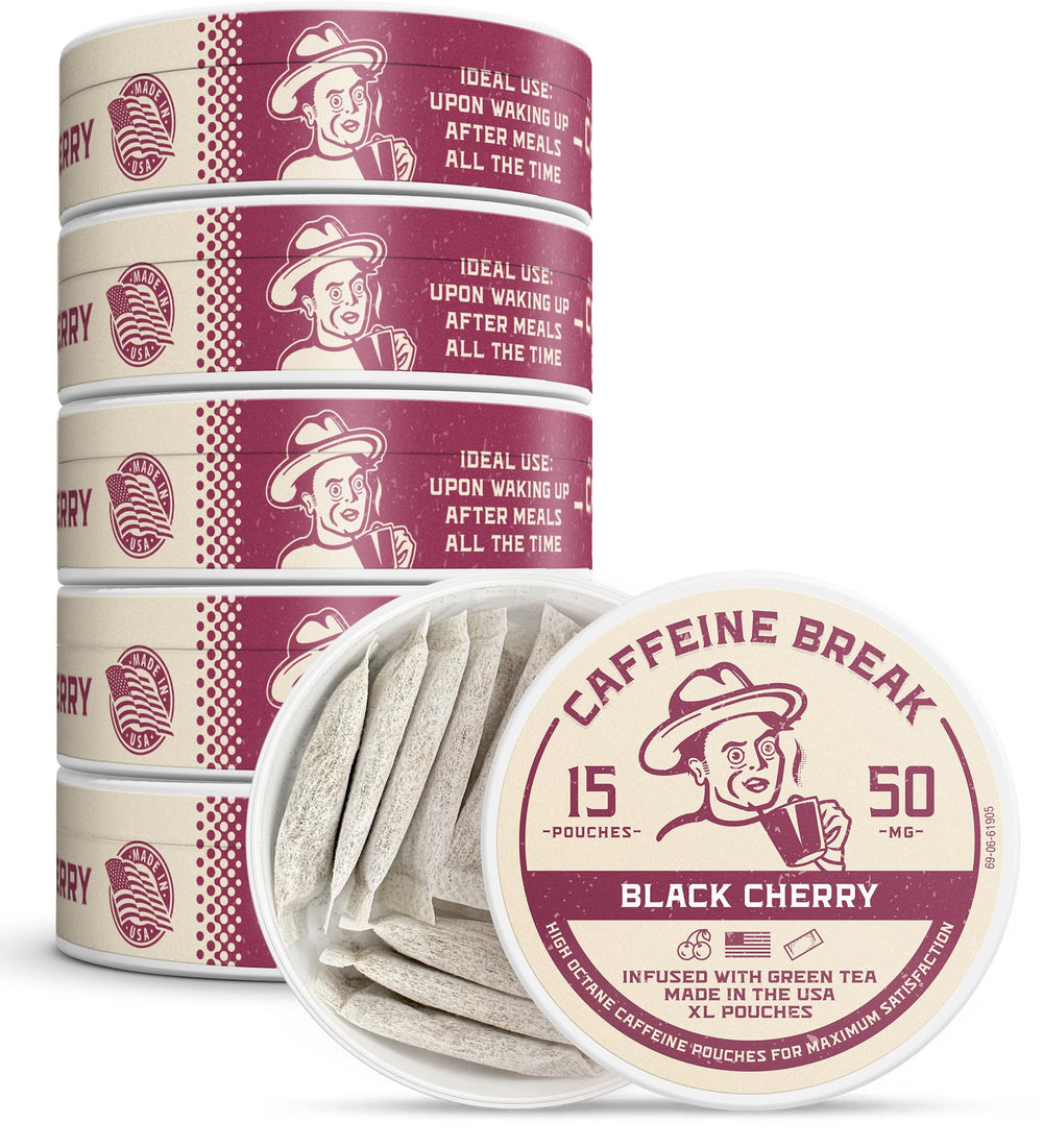 Caffeine Break Black Cherry pouch close-up showing bold flavor and texture.