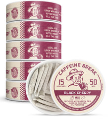 Caffeine Break Black Cherry pouch close-up showing bold flavor and texture.