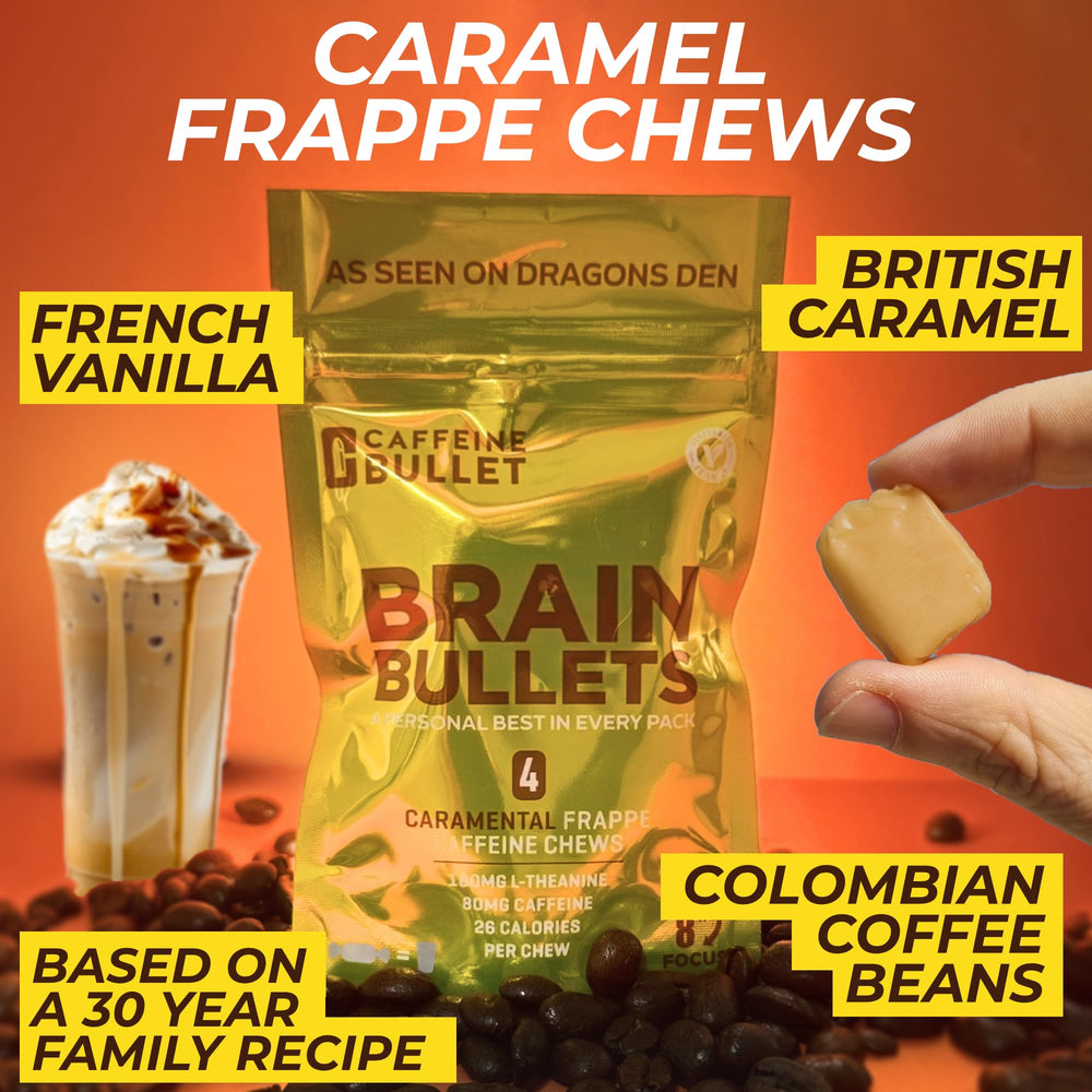 Brain Bullet chews close-up showing caramel-fr frappe flavor and mental clarity.