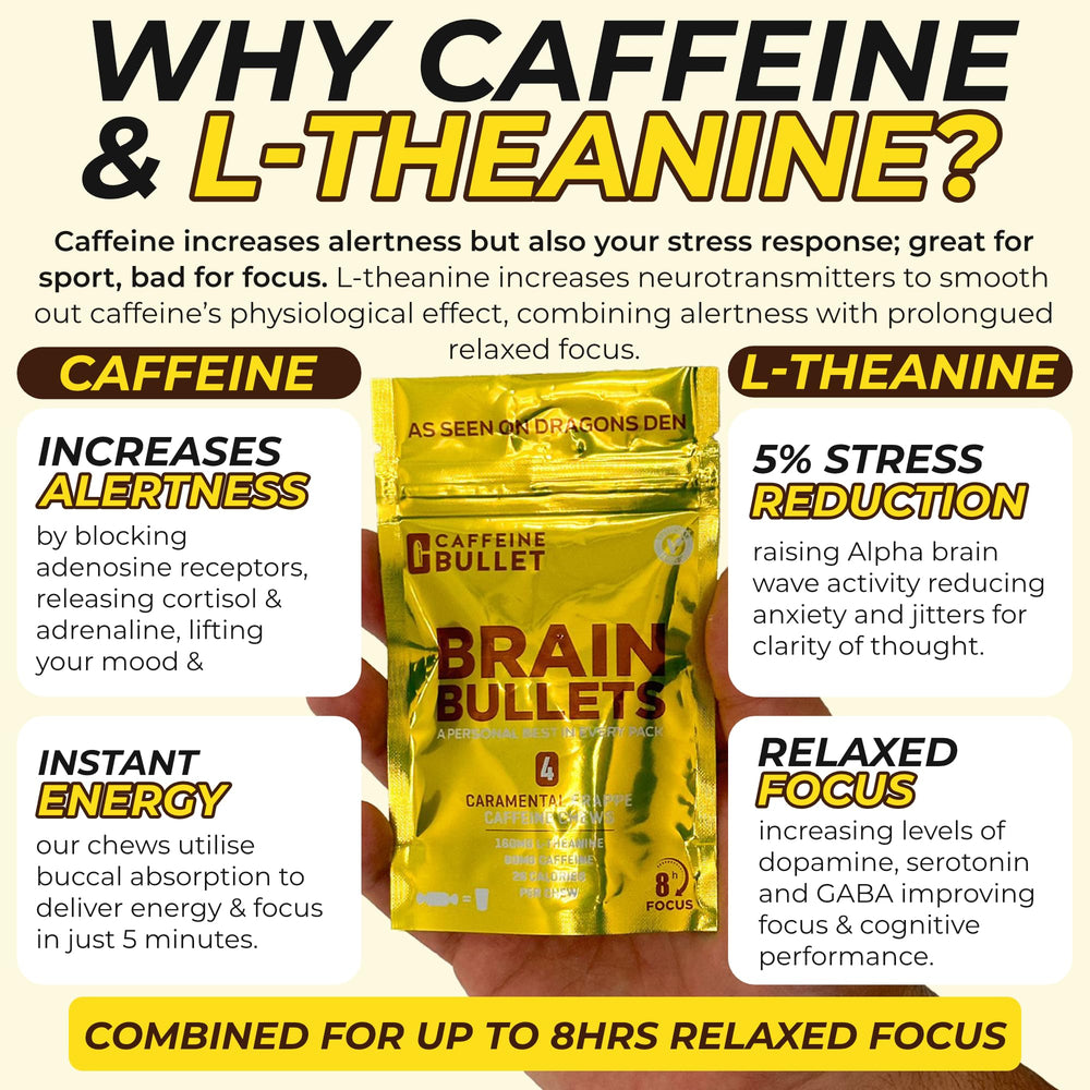 Brain Bullet caramel-frappe chews ideal for study or work sessions.