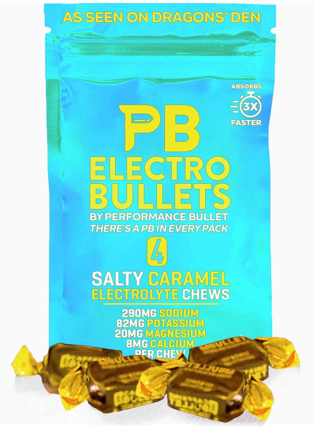Caffeine Bullet Electro Bullet Caramel 4-Pack box, caramel-flavored energy bites for on-the-go.