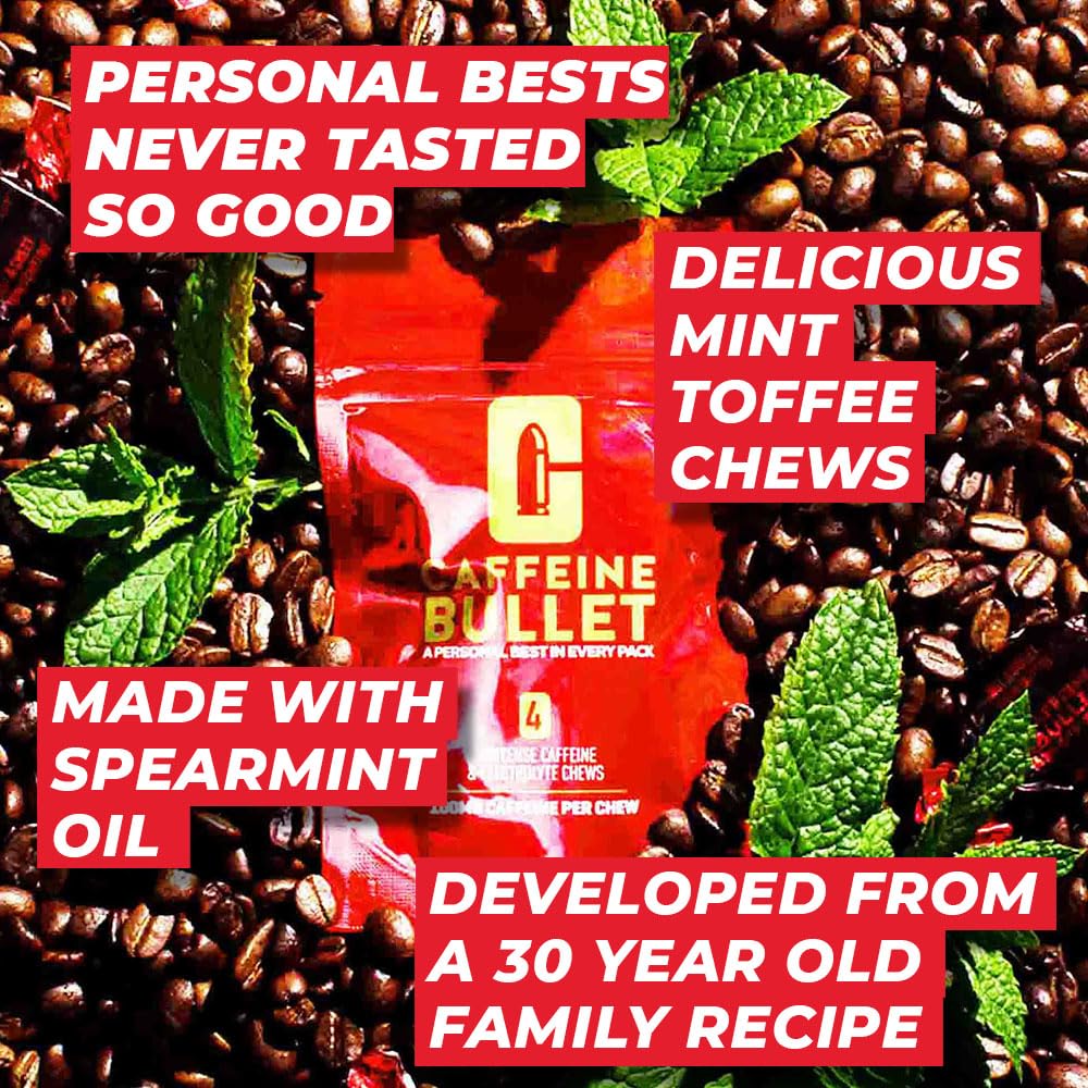 Compact, portable pack of Caffeine Bullet Mint Energy Chews for on-the-go fueling.