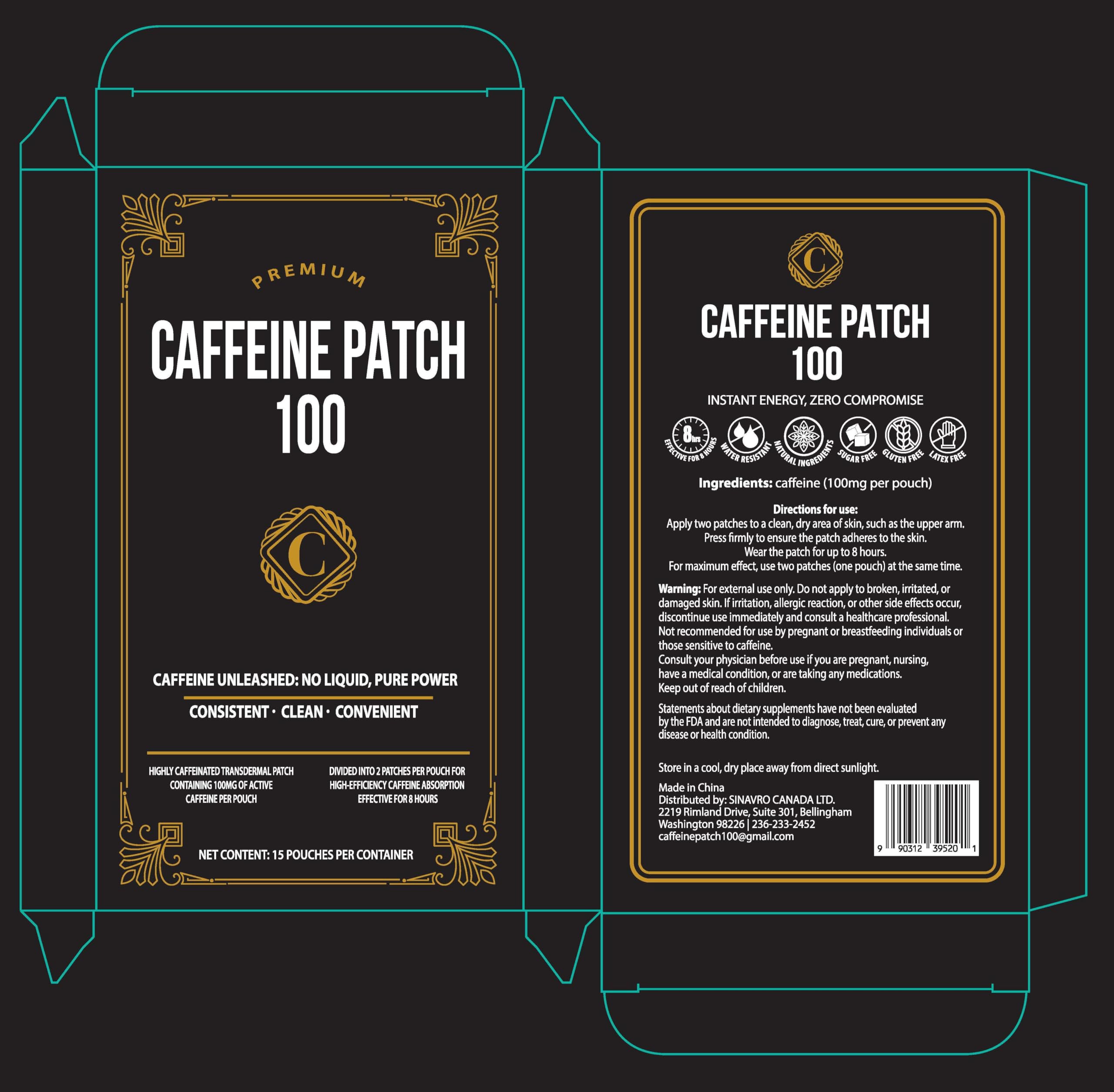 CAFFEINE PATCH 100mg box shows 15-count supply.