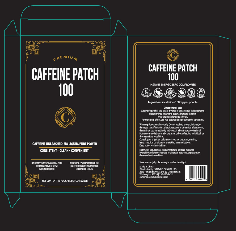 CAFFEINE PATCH 100mg box shows 15-count supply.