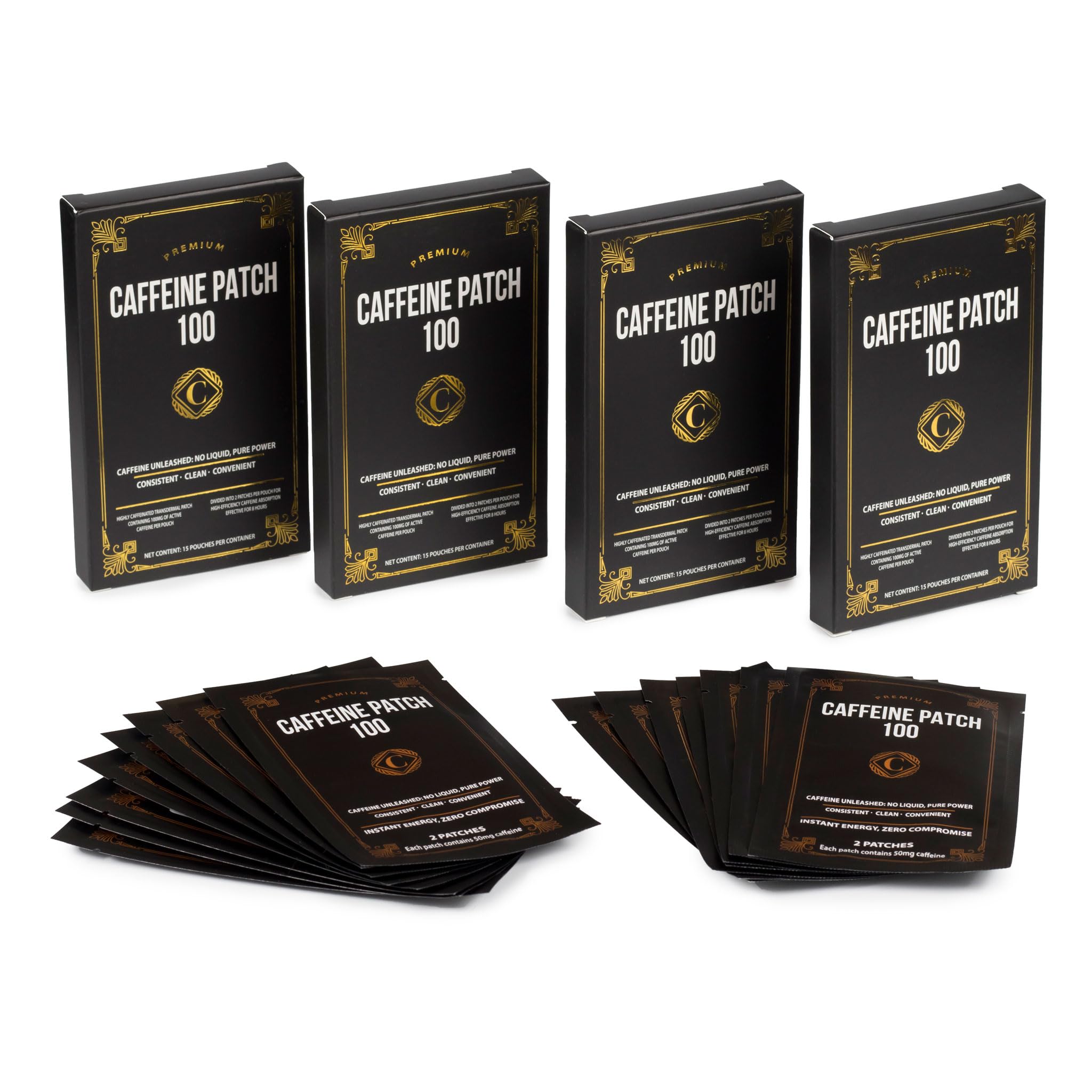 CAFFEINE PATCH 100mg latex-free label for sensitive skin.