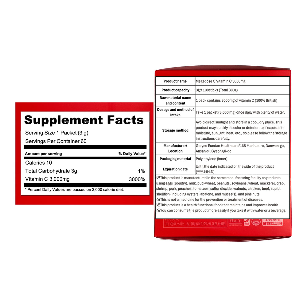 Caincosmetic Megadose Vitamin C powder in sealed sachet for pure vitamin C.