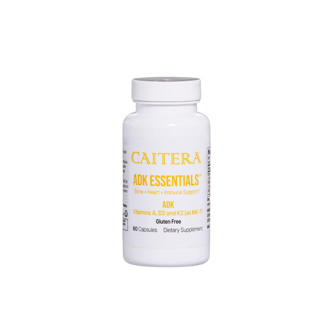 Caitera ADK Essentials bottle with capsules supporting bone health and calcium utilization.