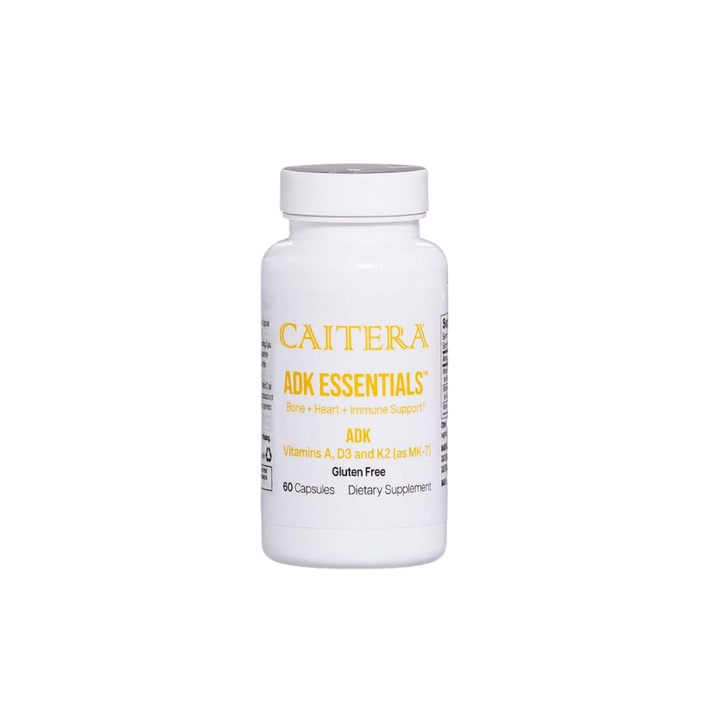 Caitera ADK Essentials bottle with capsules supporting bone health and calcium utilization.