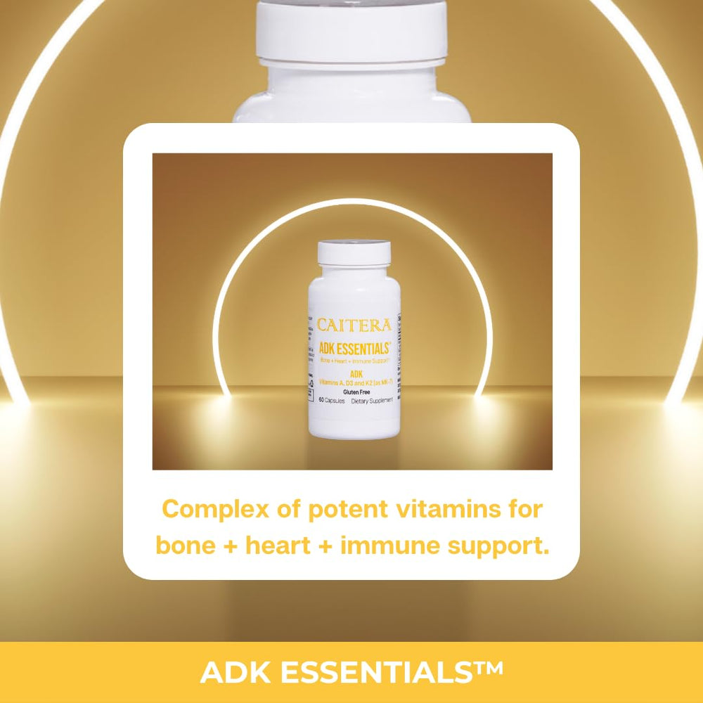 Caitera ADK Essentials capsules image emphasizing MK-7 for targeted calcium use.