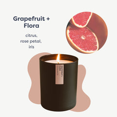 Calyan Wax Co. Grapefruit and Flora candle side label visible on black tumbler