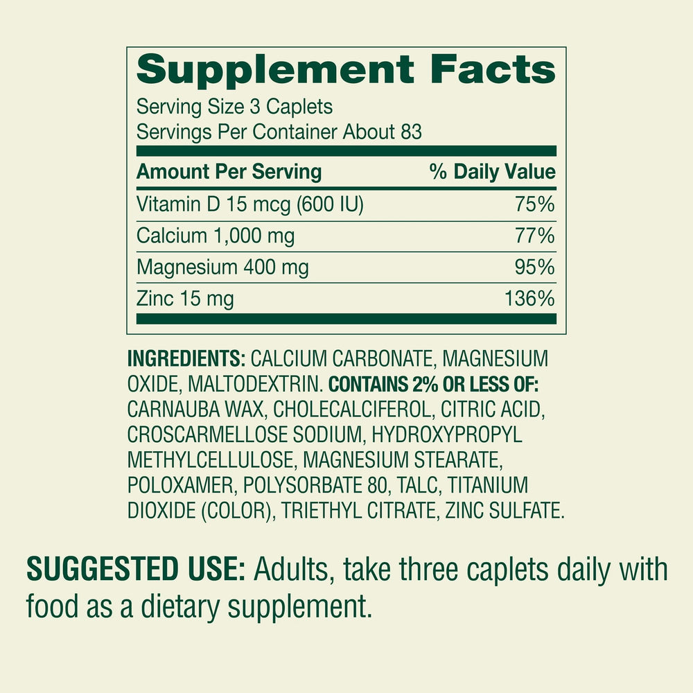 Calcium Magnesium Zinc Plus Vitamin D3 coated formula for easy swallowing.