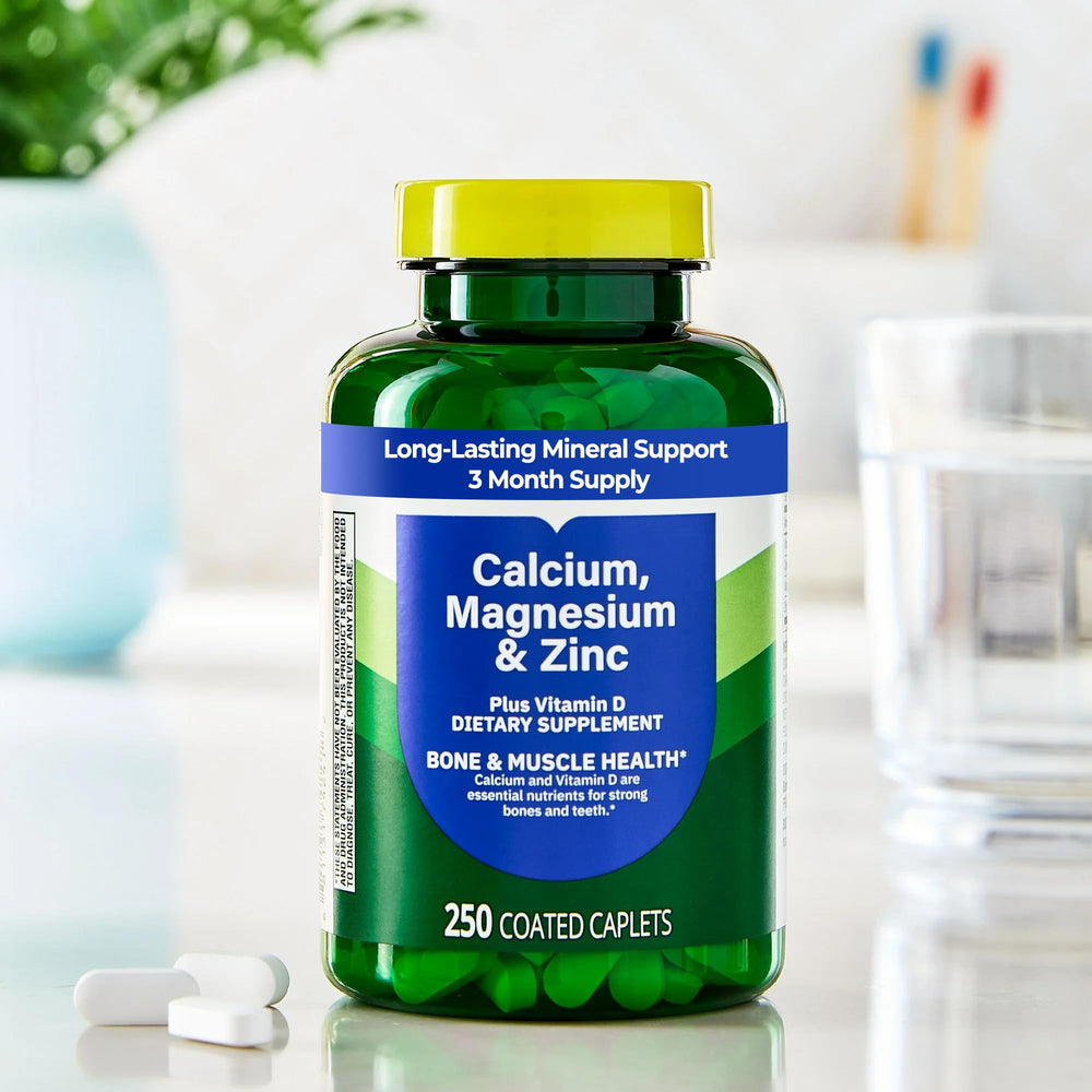 Calcium Magnesium Zinc Plus Vitamin D3 caplets supporting active muscle function during workouts.
