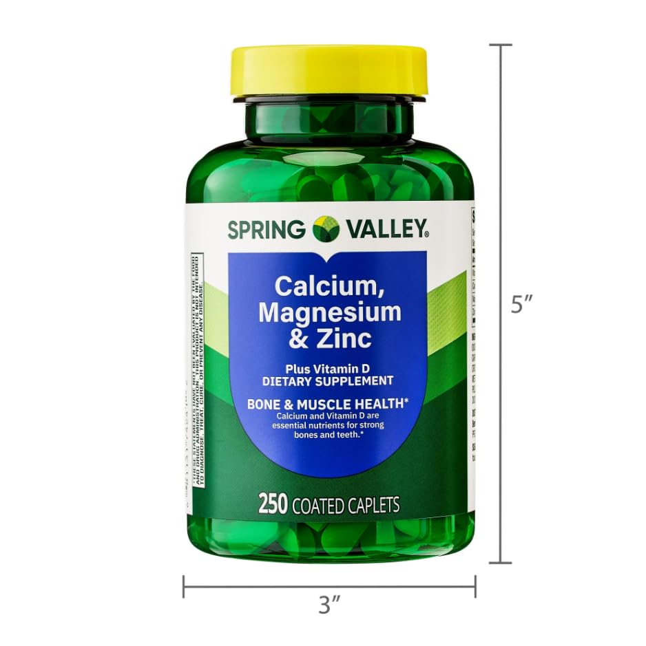 Calcium Magnesium Zinc with Vitamin D3 bottle on table showing easy daily use.