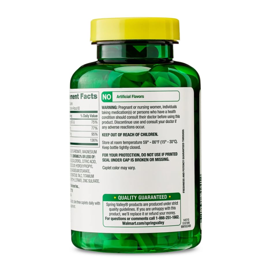 Packaging indicates allergen-friendly formula with no gluten or lactose in Calcium Magnesium Zinc with Vitamin D3.