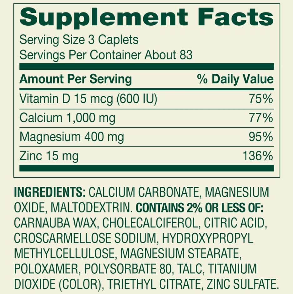 Serving dosage image showing 1000 mg calcium per serving for bones.