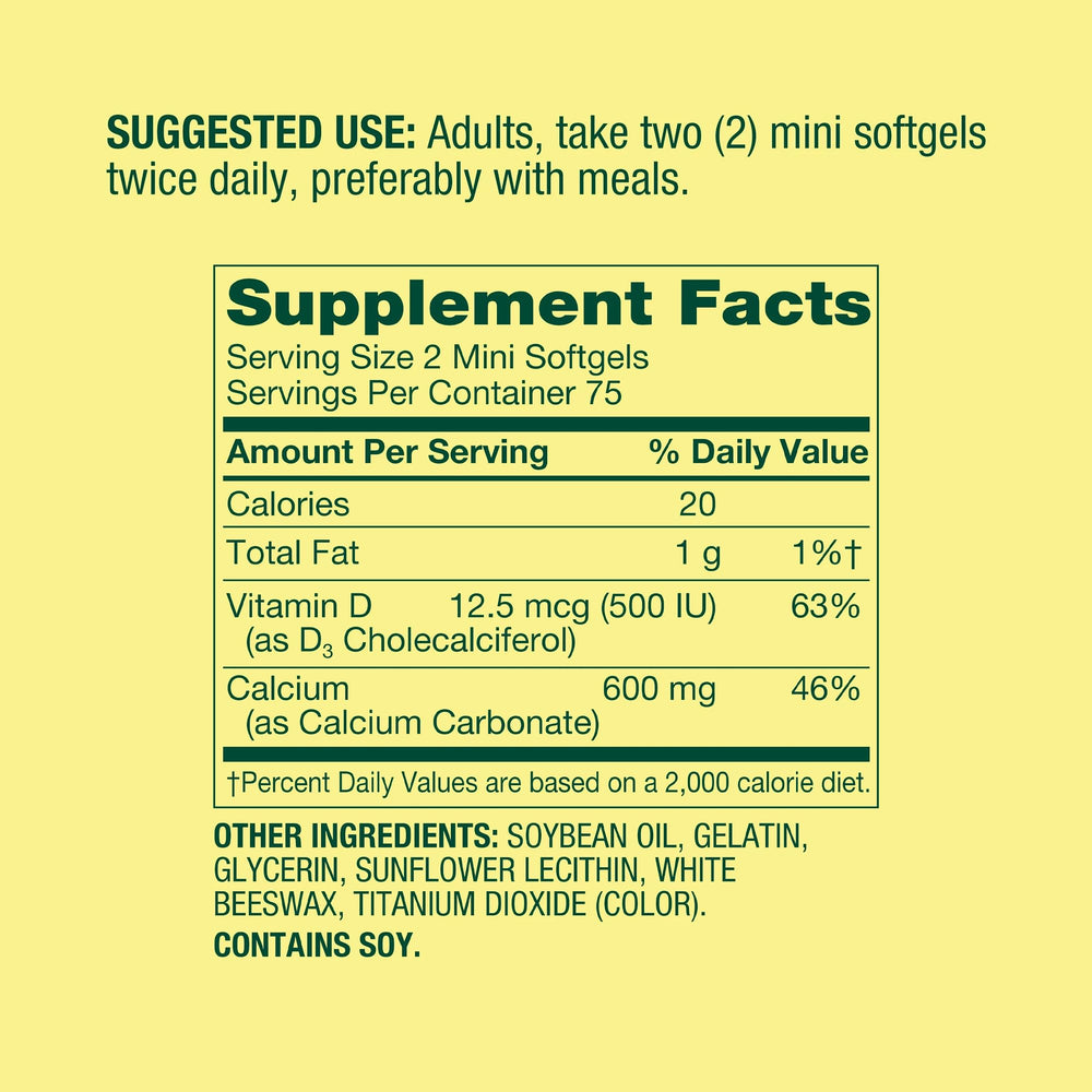 Closeup of Calcium Mini Plus softgels highlighting easy swallowing.