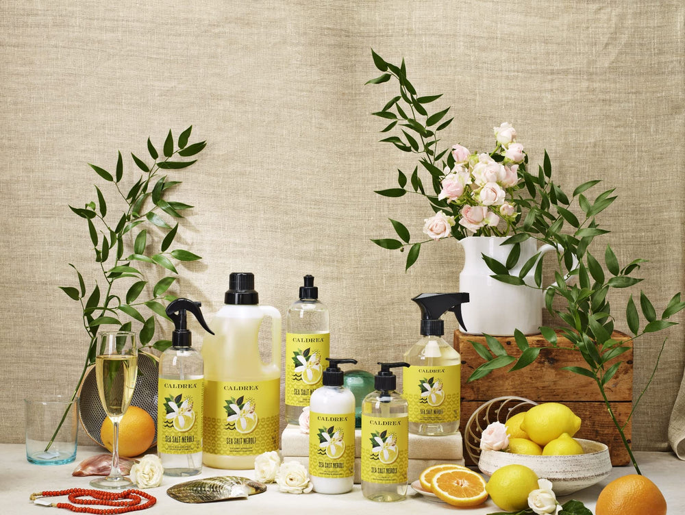 Caldrea Sea Salt Neroli candle burn time emphasis with inviting glow.