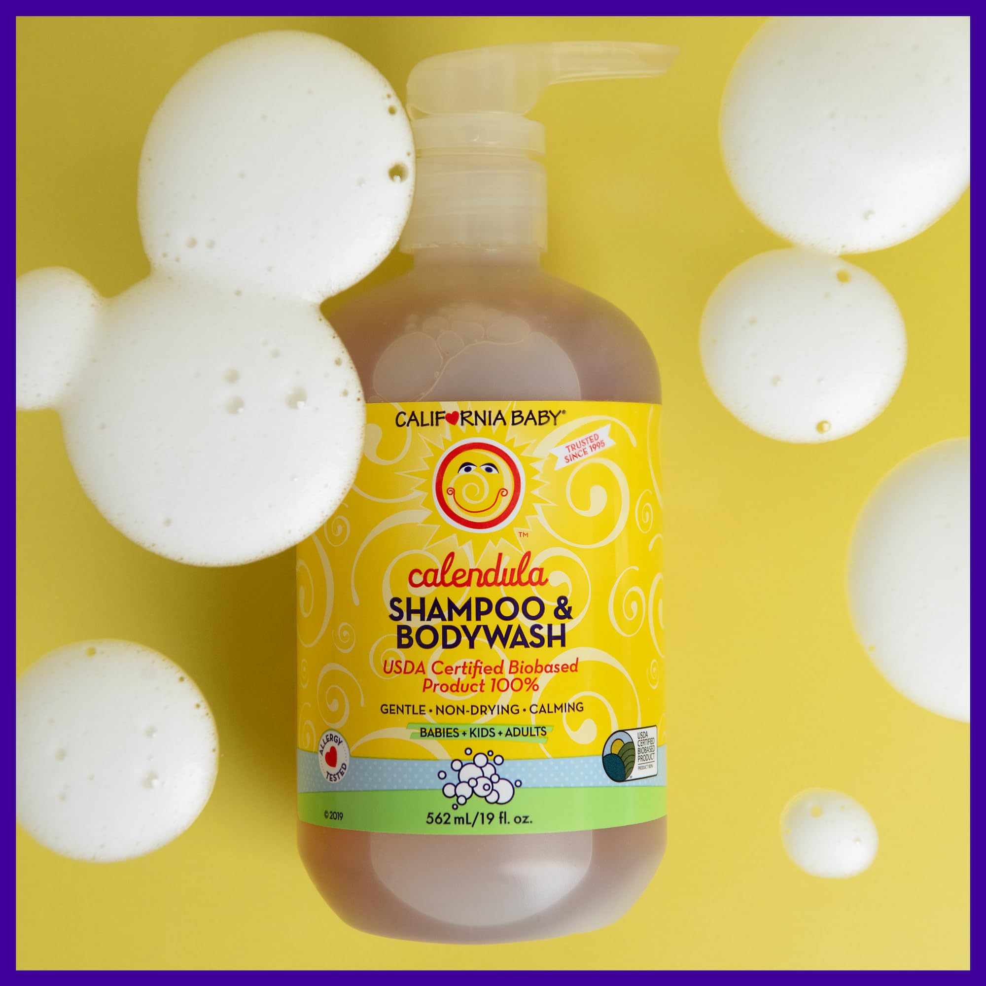 Organic calendula leaves and aloe imagery emphasize gentle care from California Baby.