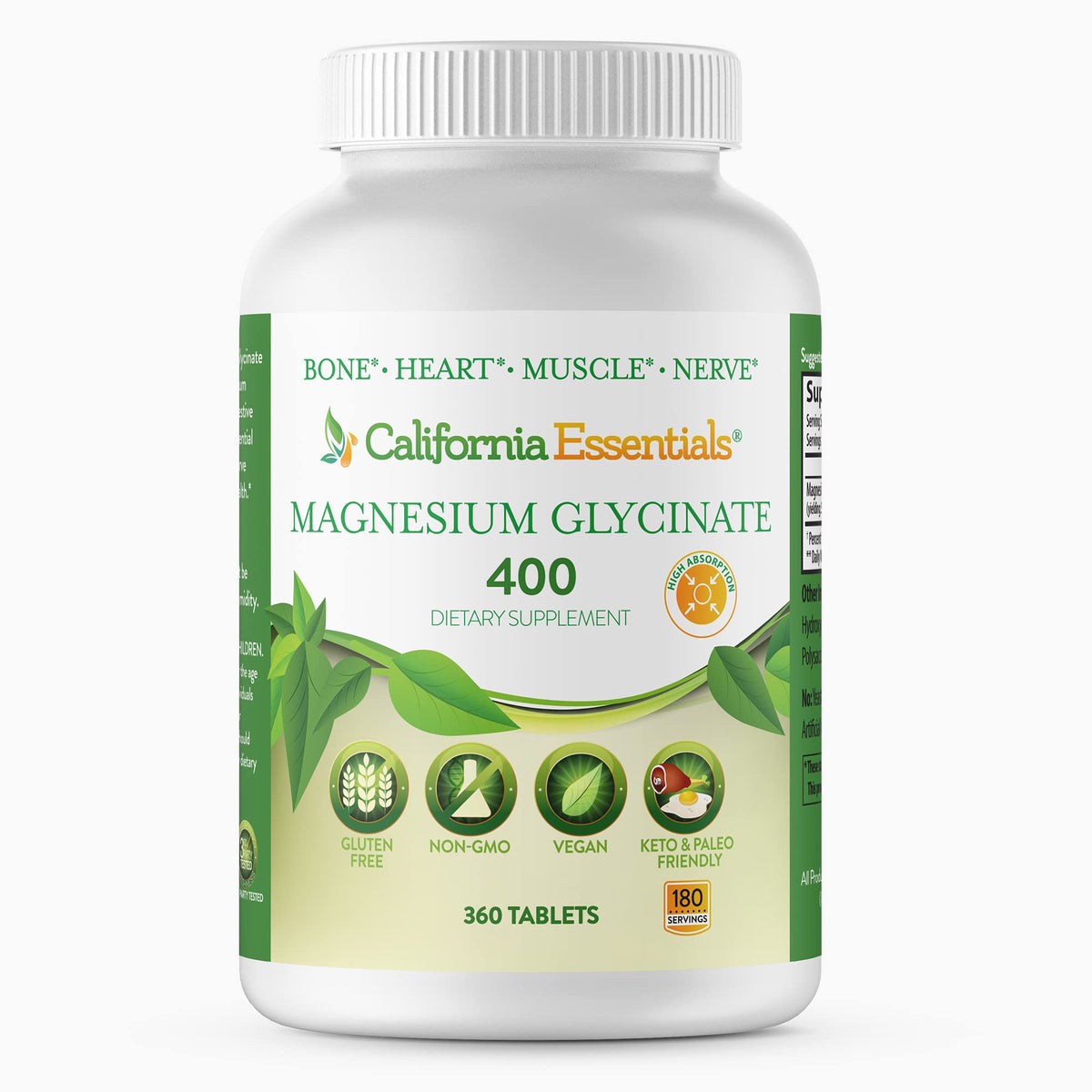California Essentials Magnesium Glycinate 400 bottle pour emphasizes easy dosing for muscle support
