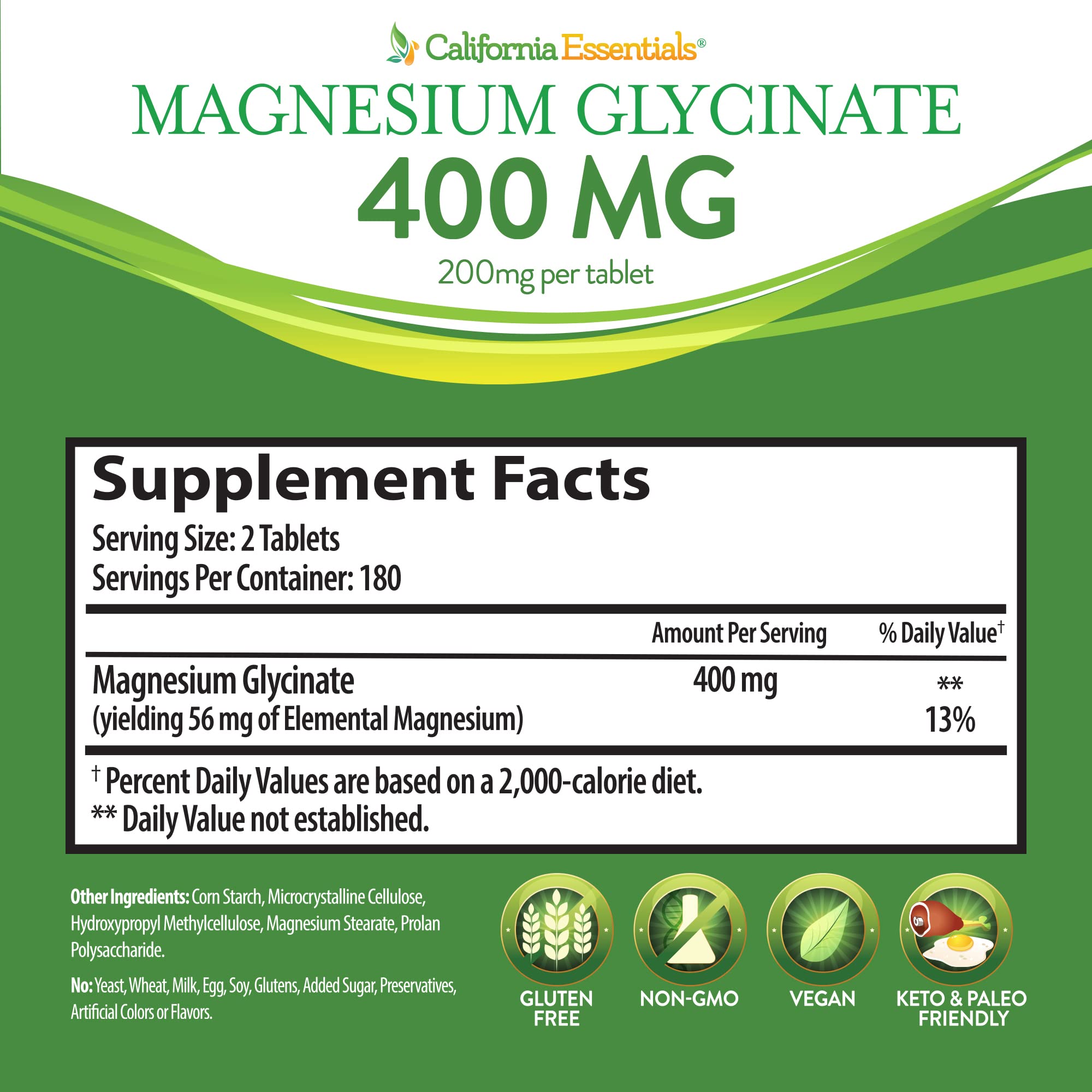 California Essentials Magnesium Glycinate 400 gluten-free badge signals dietary suitability