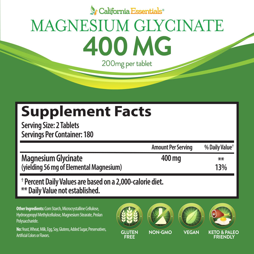 California Essentials Magnesium Glycinate 400 gluten-free badge signals dietary suitability