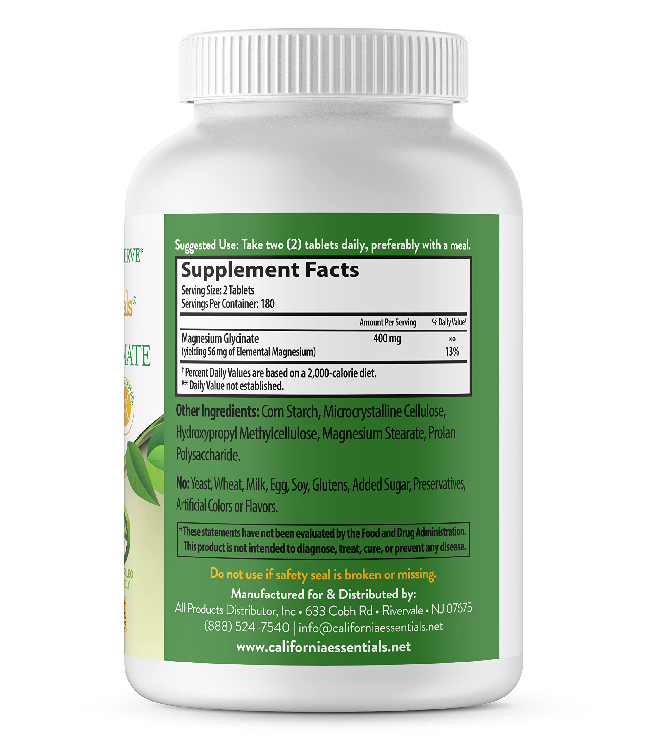 California Essentials Magnesium Glycinate 400 label closeup highlights vegan, non-GMO, gluten-free formula