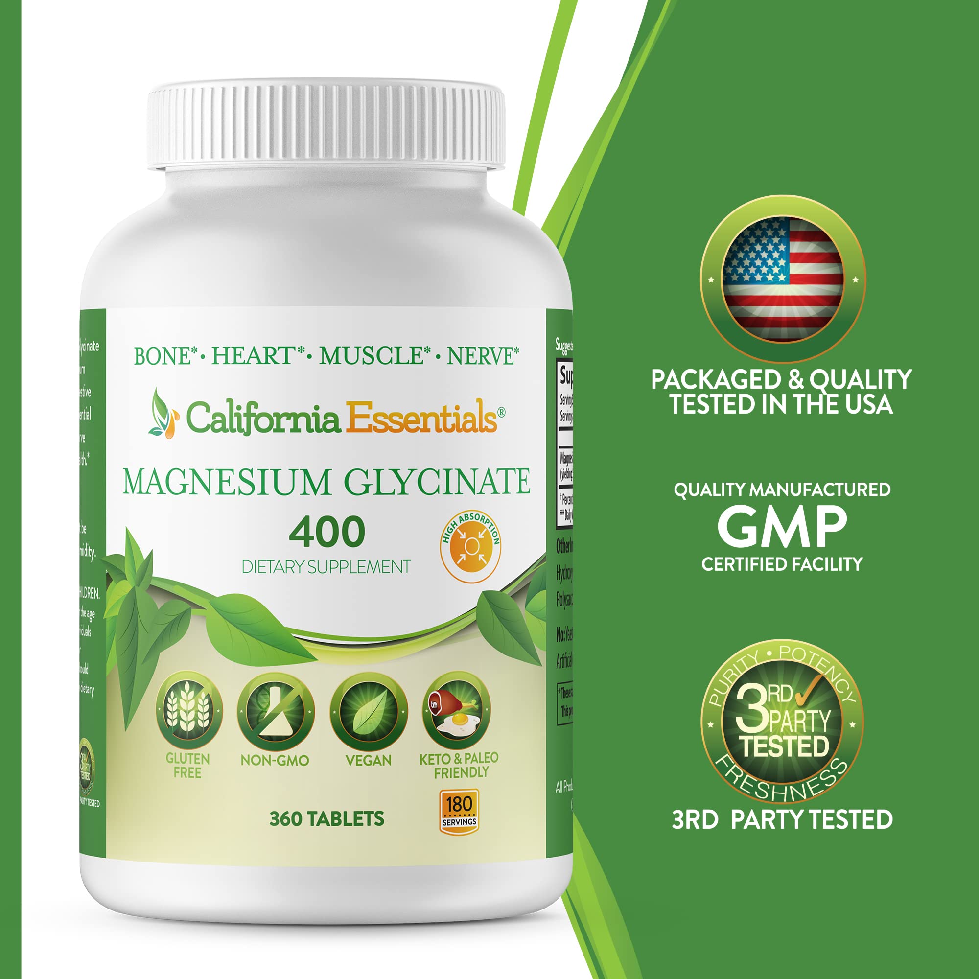 California Essentials Magnesium Glycinate 400 vegan symbol indicates cruelty-free lifestyle compatibility