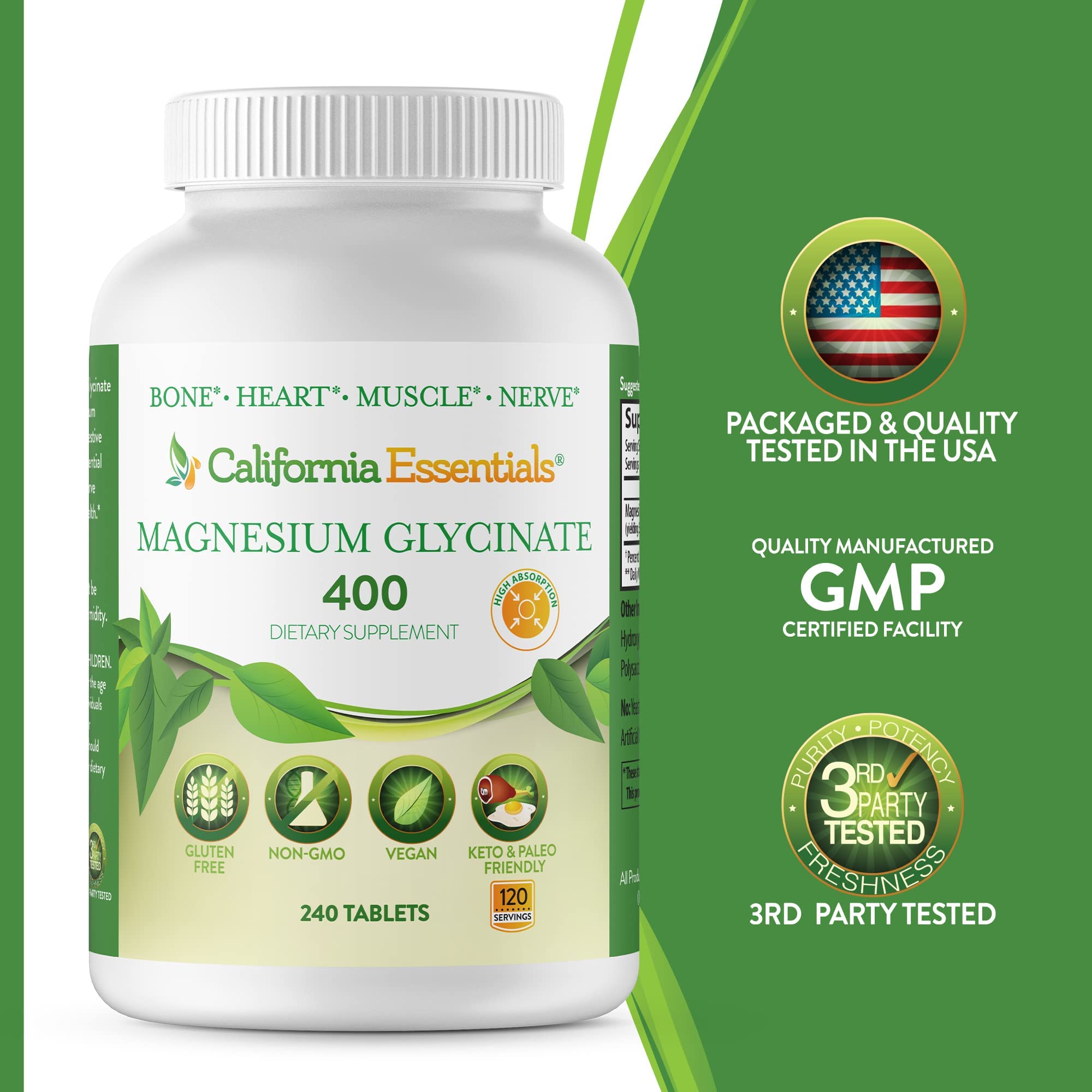 California Essentials Magnesium Glycinate back label with third-party verification