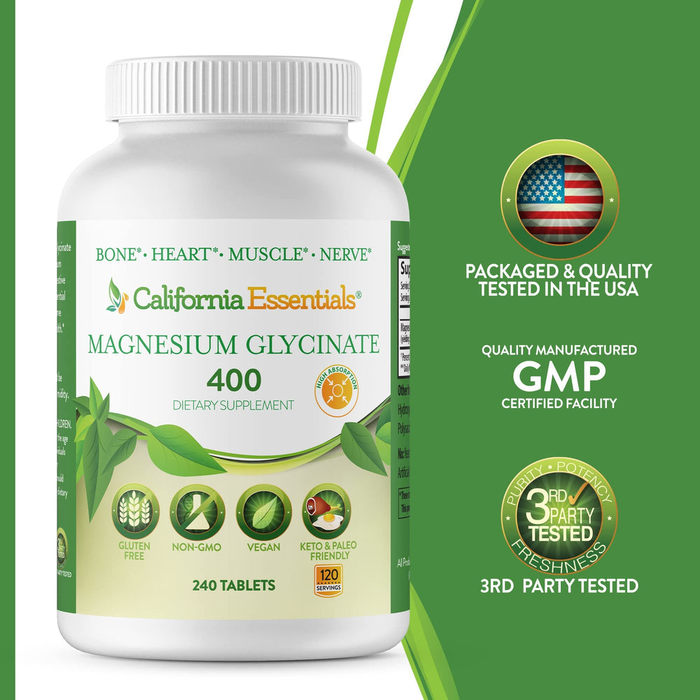 California Essentials Magnesium Glycinate back label with third-party verification