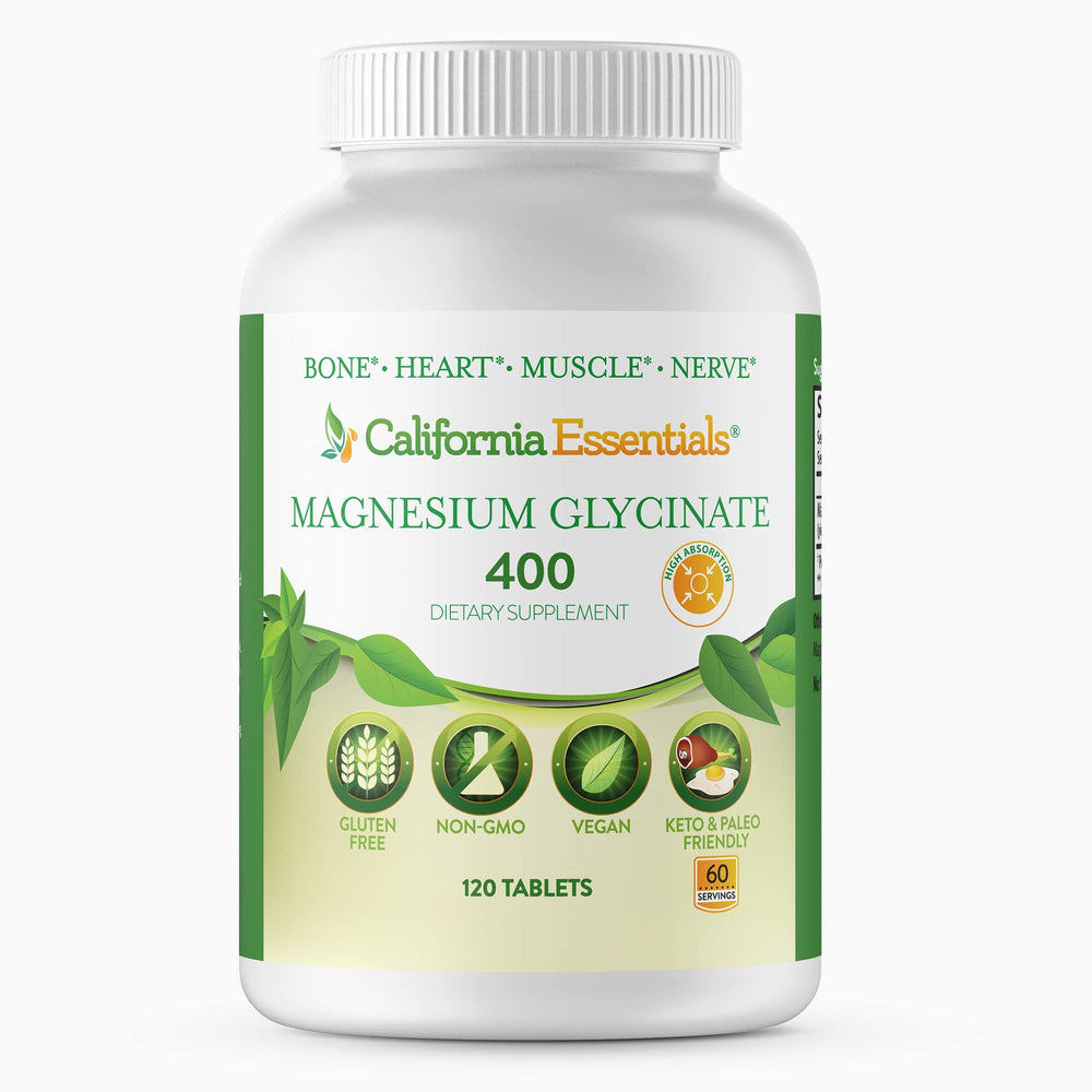 California Essentials Magnesium Glycinate bottle front highlighting high absorption for muscle support