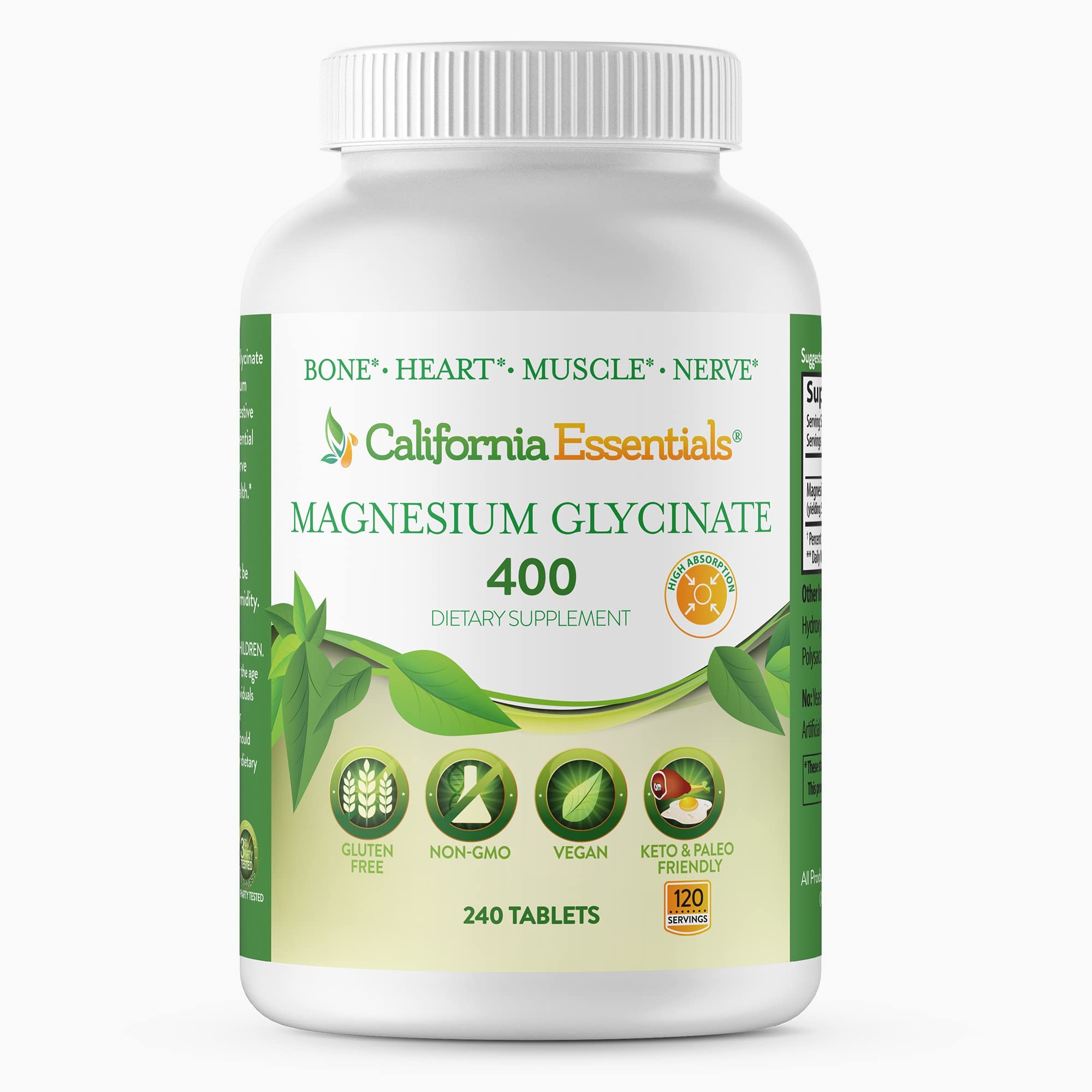 California Essentials Magnesium Glycinate front label showing vegan formula