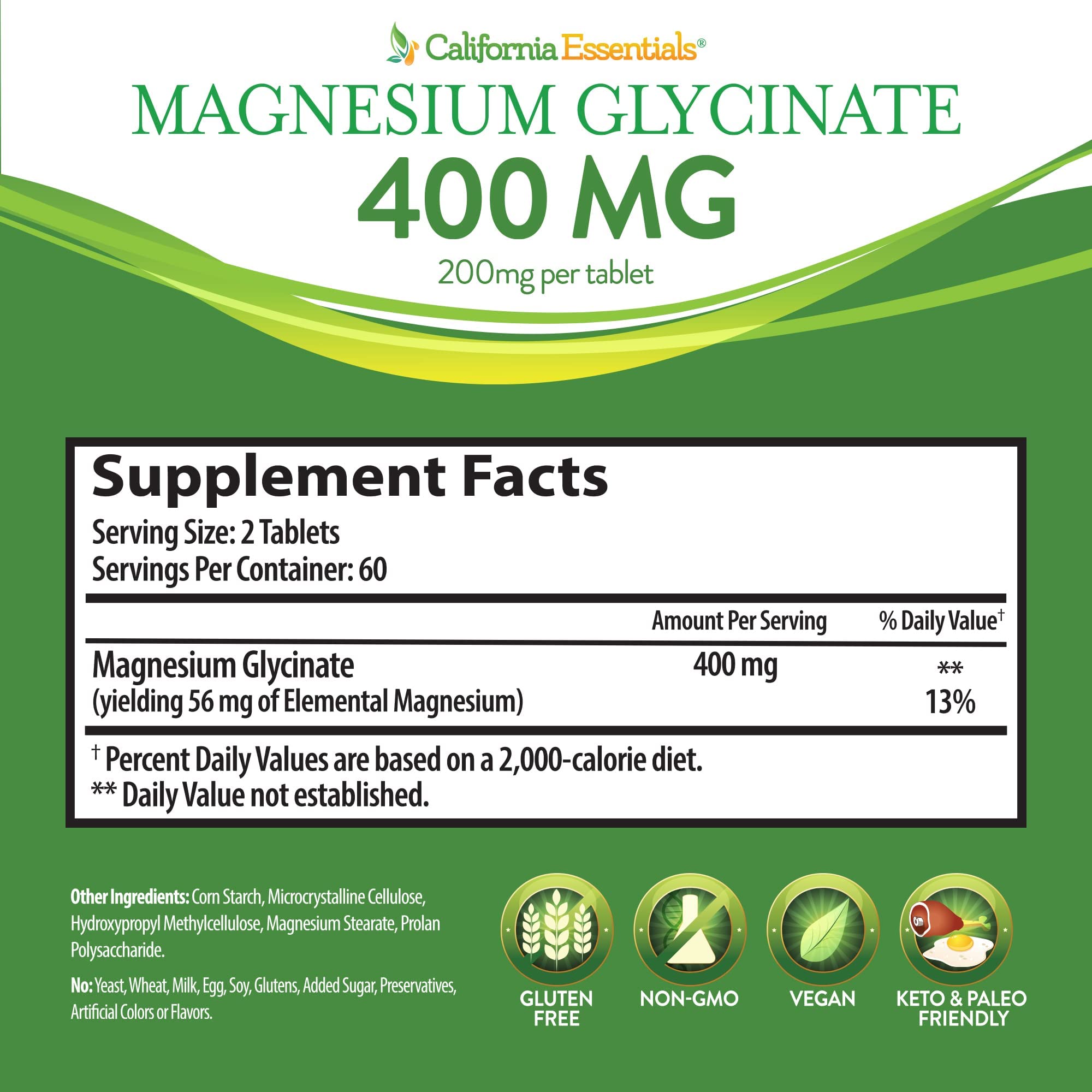 California Essentials Magnesium Glycinate icons highlighting vegan, non-GMO, gluten-free benefits