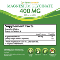California Essentials Magnesium Glycinate icons highlighting vegan, non-GMO, gluten-free benefits