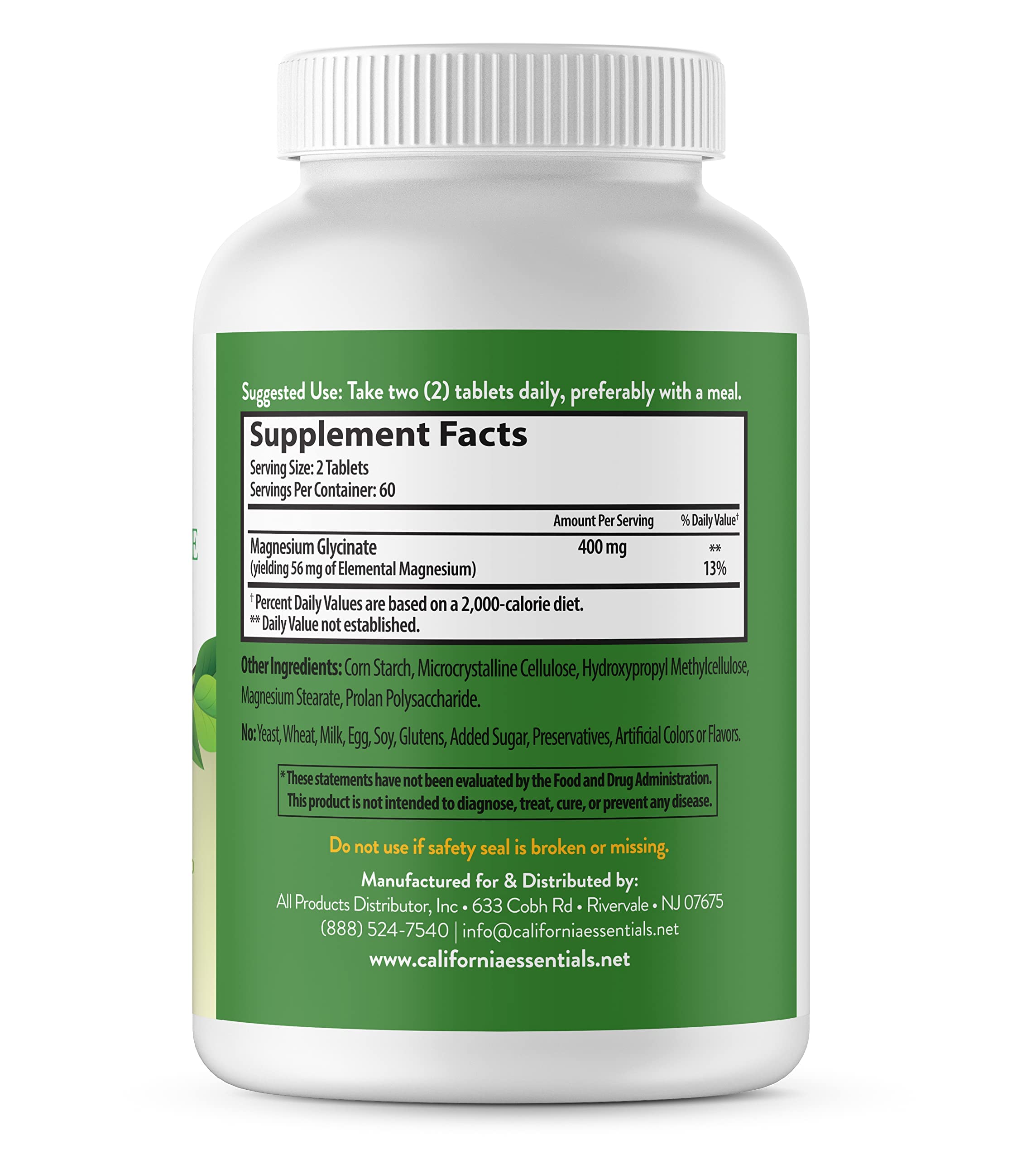 California Essentials Magnesium Glycinate label with vegan and gluten-free icons emphasizing clean ingredients