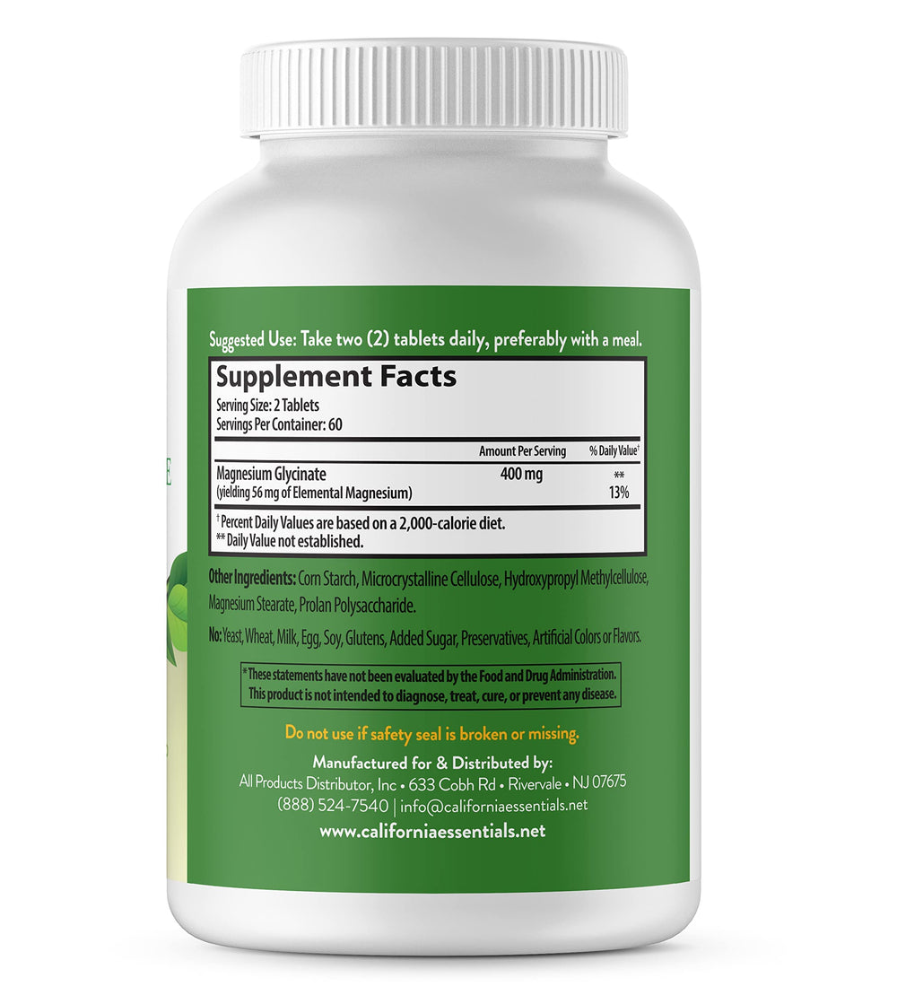 California Essentials Magnesium Glycinate label with vegan and gluten-free icons emphasizing clean ingredients