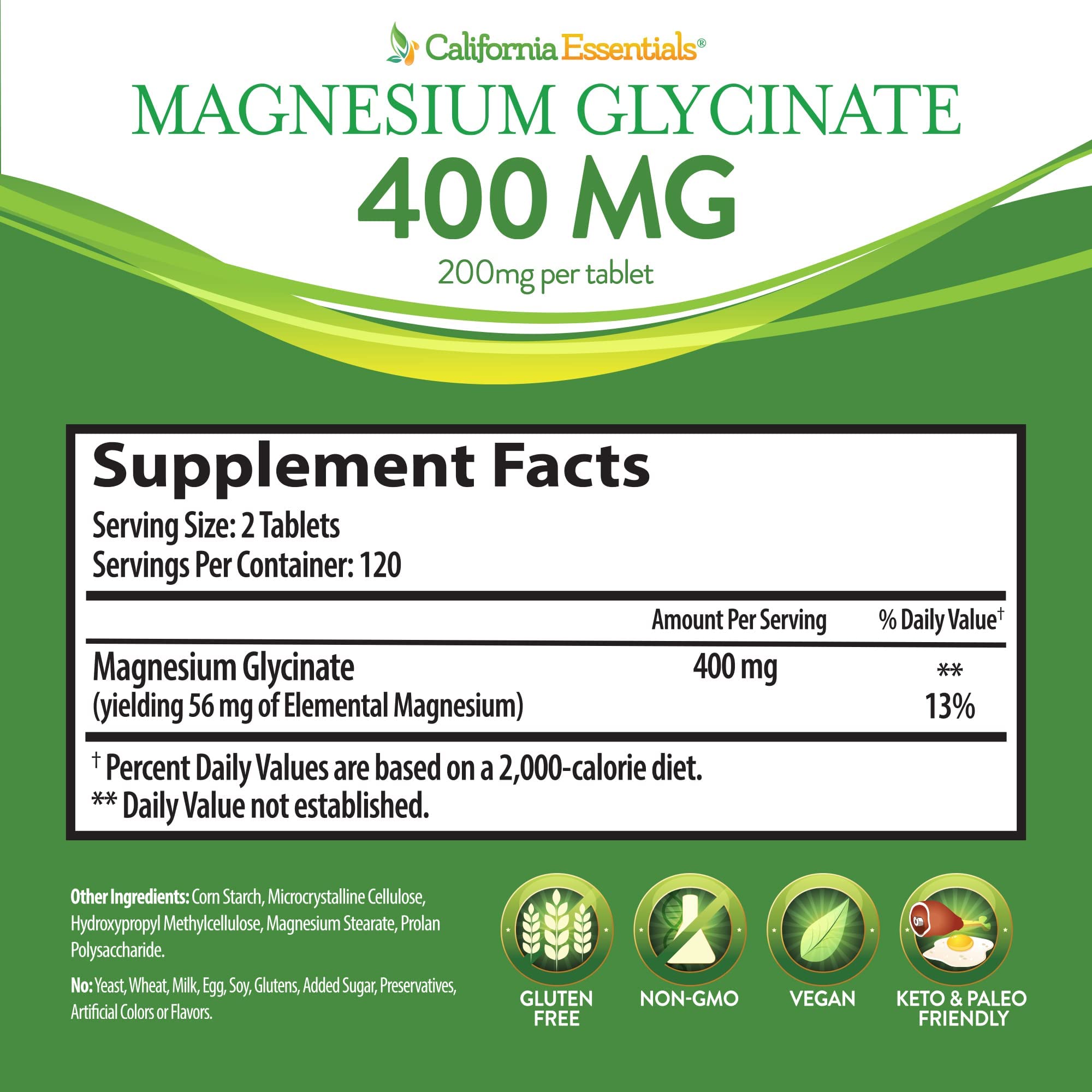 California Essentials Magnesium Glycinate vegan tablets graphic emphasizing dairy-free and non-GMO
