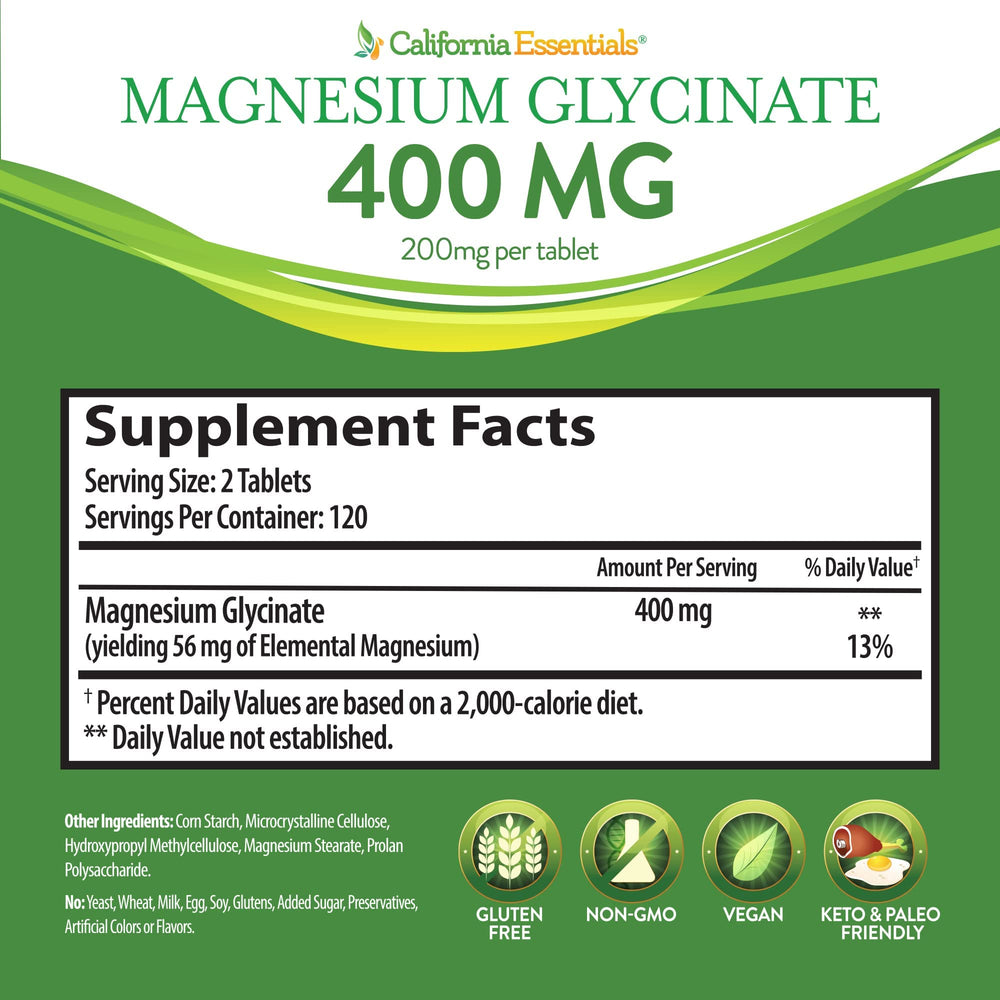 California Essentials Magnesium Glycinate vegan tablets graphic emphasizing dairy-free and non-GMO