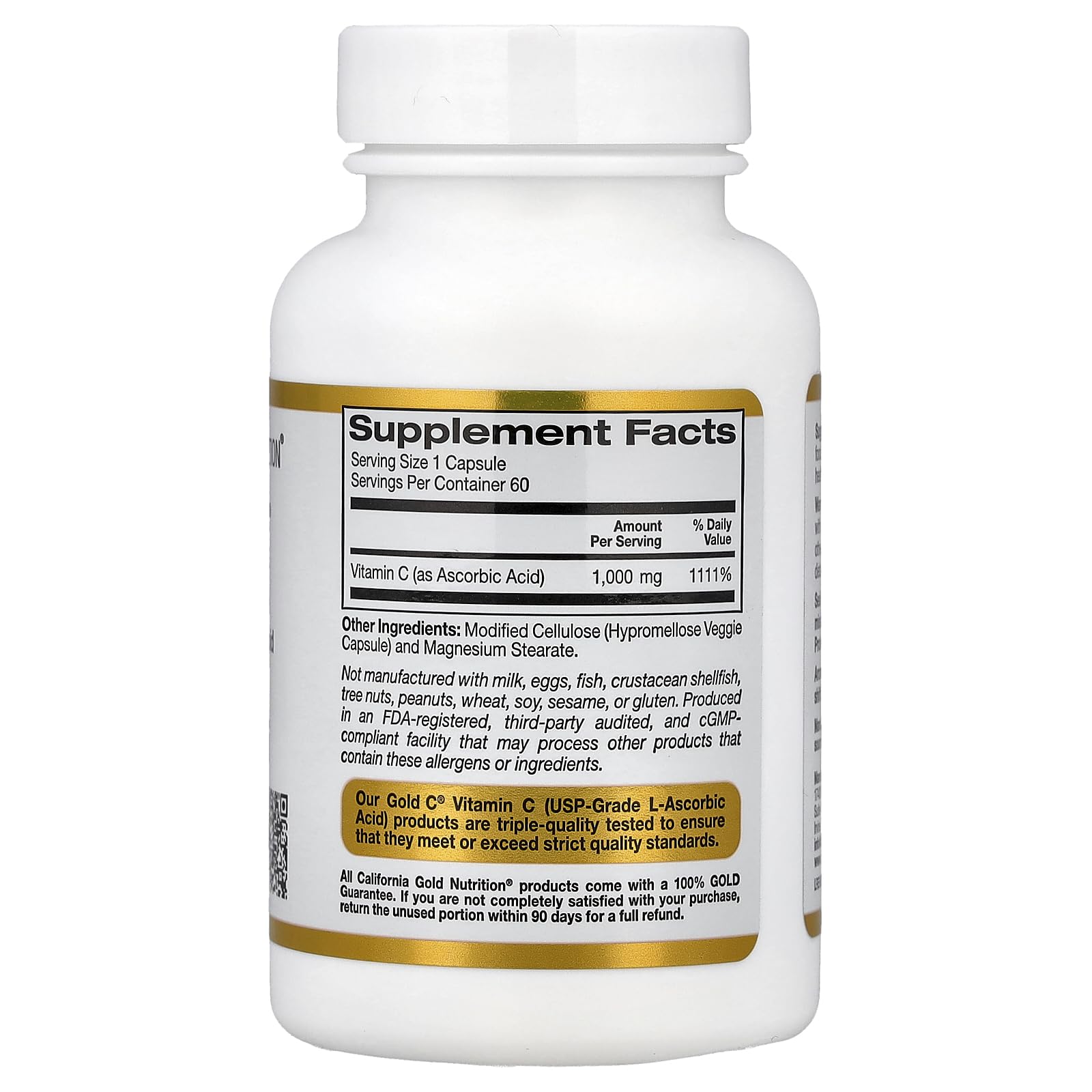 California Gold Nutrition C Vitamin C 1000 mg label close-up highlighting USP-grade vitamin C