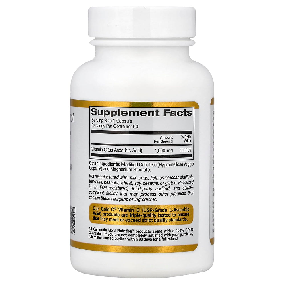 California Gold Nutrition C Vitamin C 1000 mg label close-up highlighting USP-grade vitamin C