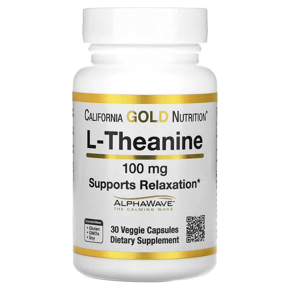 California Gold Nutrition L-Theanine AlphaWave bottle front promotes calm focus.