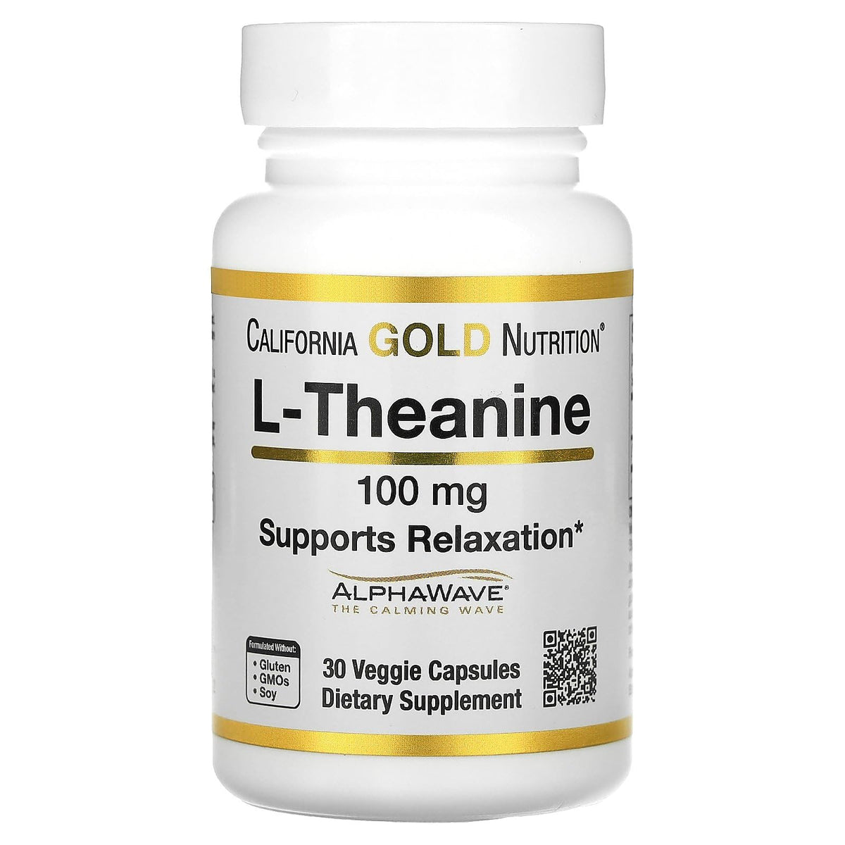California Gold Nutrition L-Theanine AlphaWave bottle front promotes calm focus.