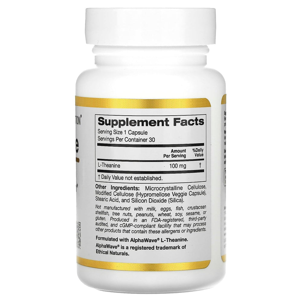 California Gold Nutrition L-Theanine AlphaWave bottle label highlights 100 mg per serving.