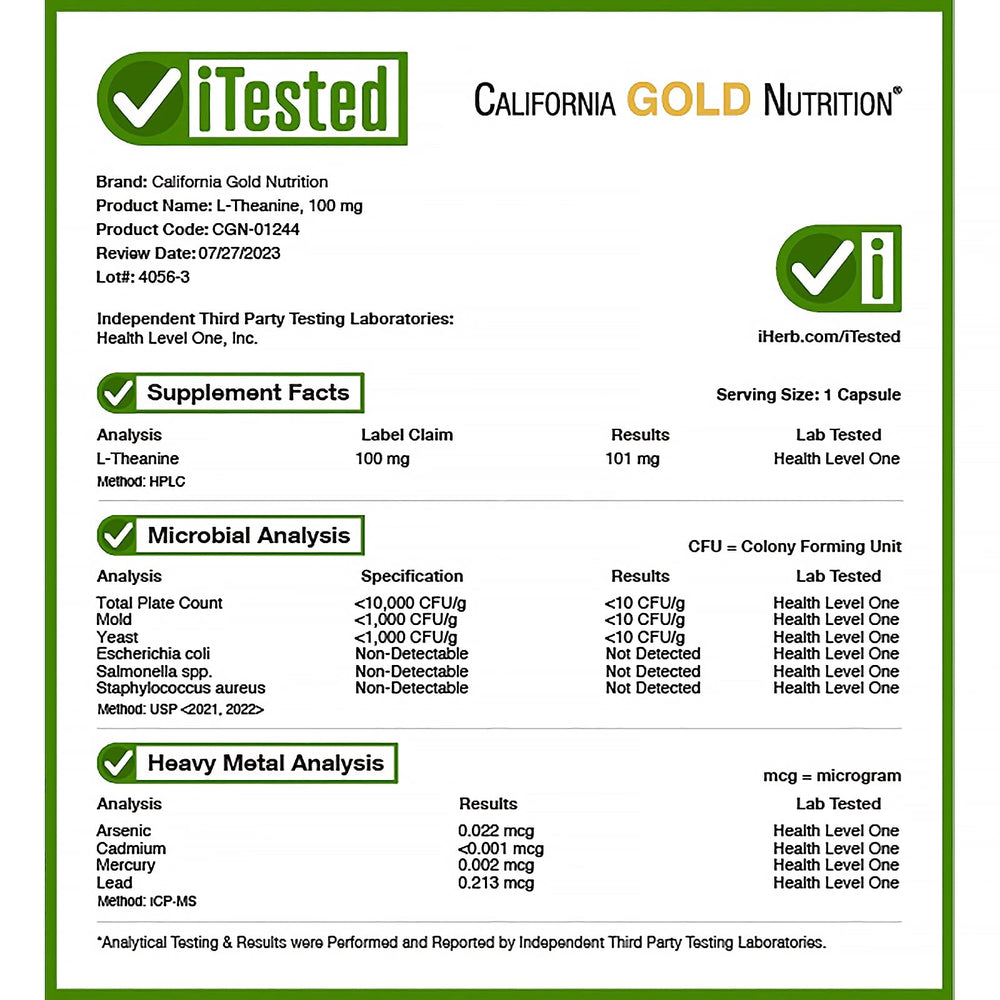 California Gold Nutrition L-Theanine AlphaWave serving size panel indicates 100 mg dose.