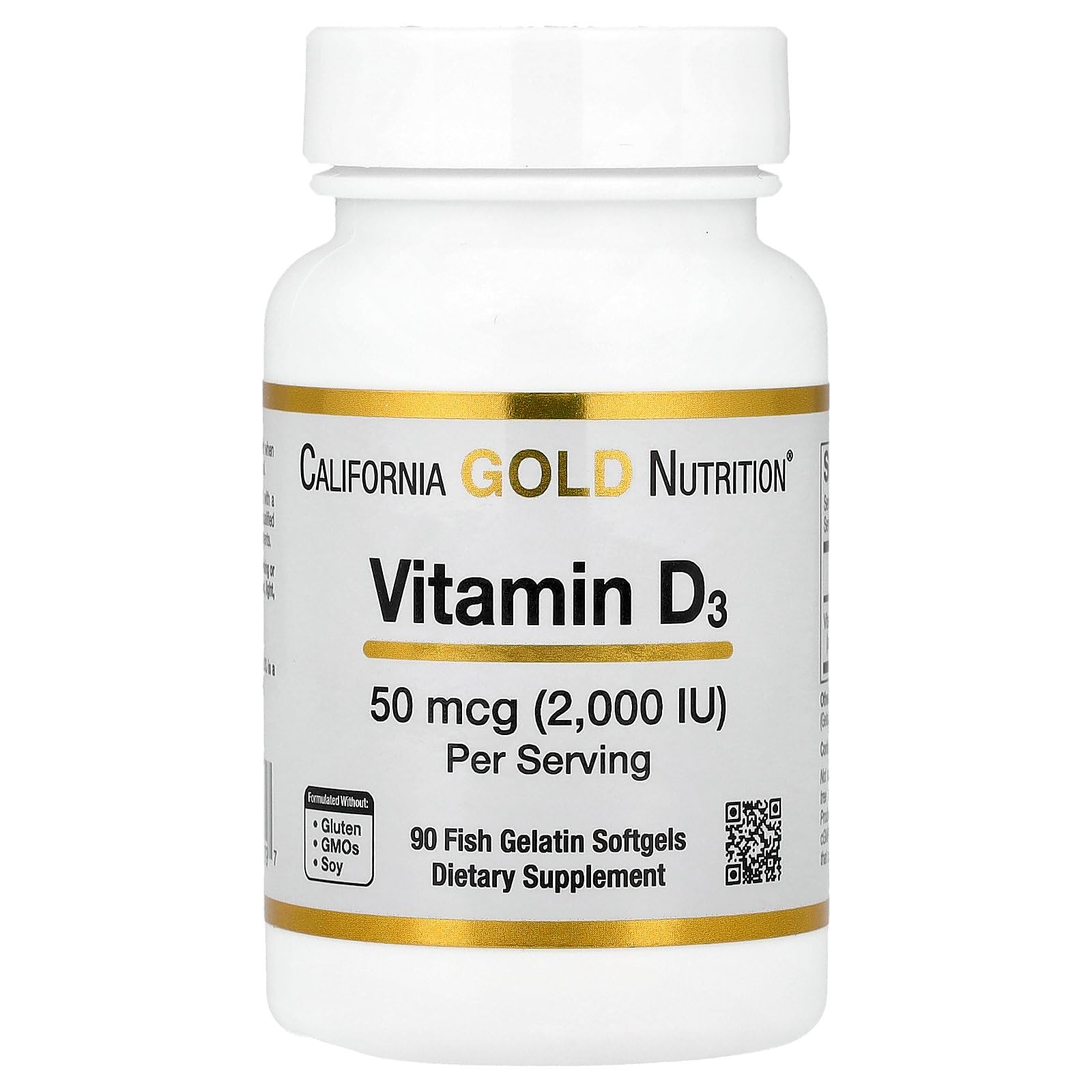 California Gold Nutrition Vitamin D3 bottle with softgels on a kitchen counter for daily wellness.