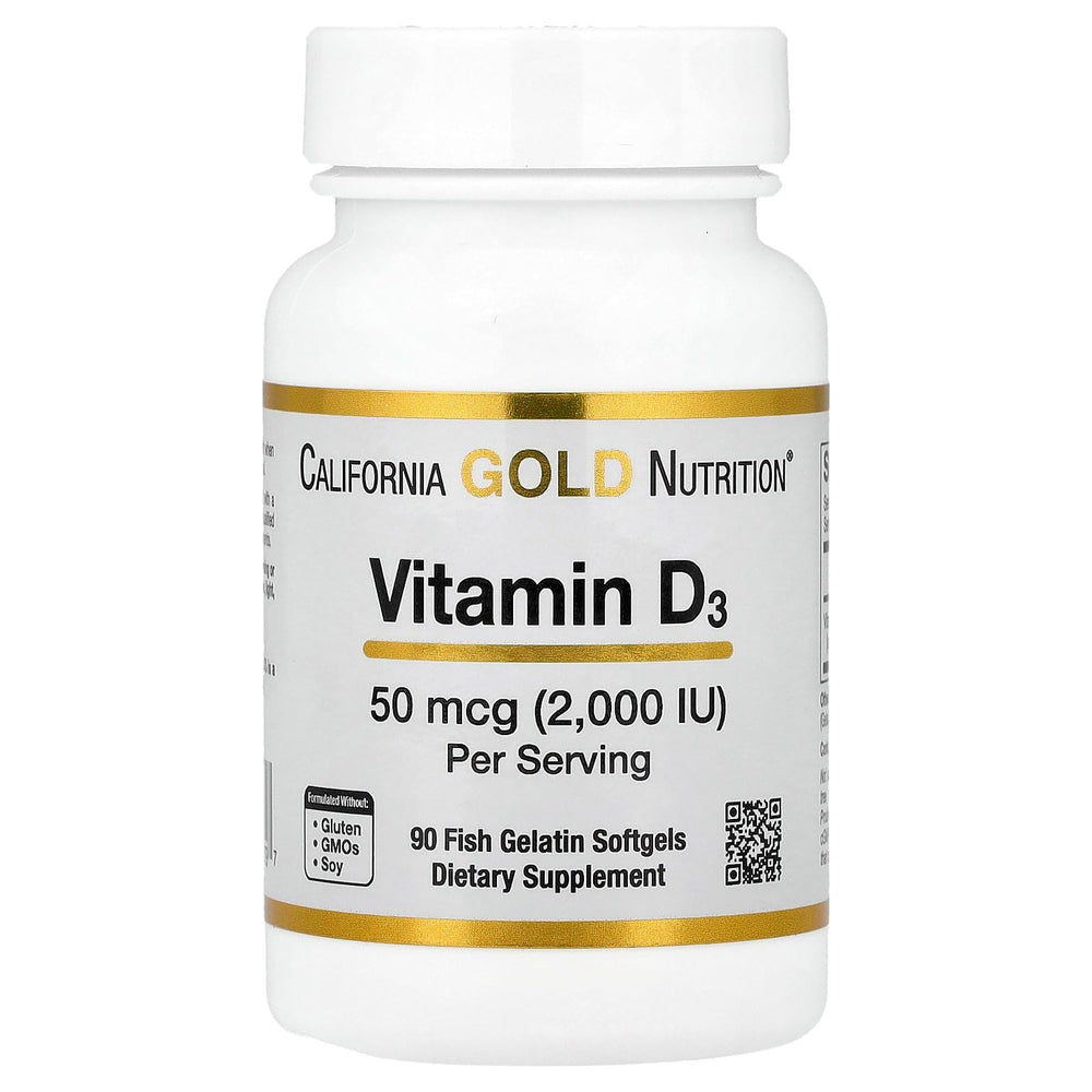California Gold Nutrition Vitamin D3 bottle with softgels on a kitchen counter for daily wellness.