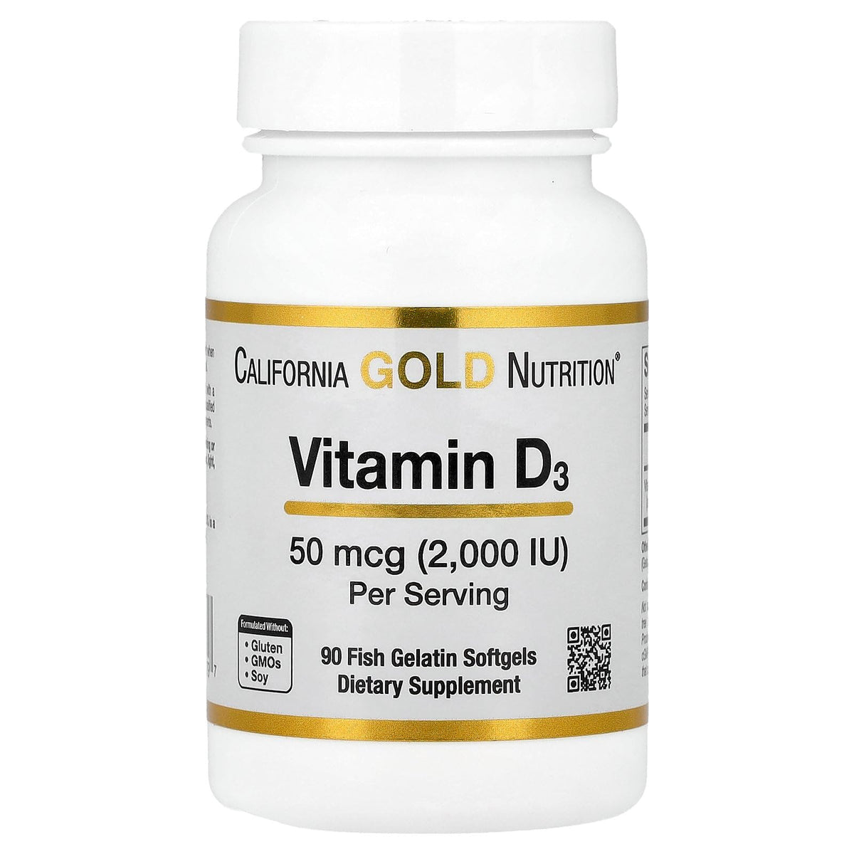 California Gold Nutrition Vitamin D3 bottle with softgels on a kitchen counter for daily wellness.