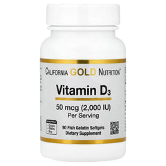 California Gold Nutrition Vitamin D3 bottle with softgels on a kitchen counter for daily wellness.