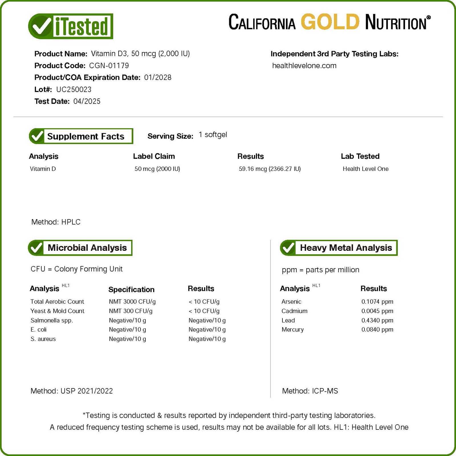Label detail of Vitamin D3 highlighting 2,000 IU per softgel and ingredients from California Gold Nutrition.