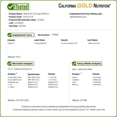 Label detail of Vitamin D3 highlighting 2,000 IU per softgel and ingredients from California Gold Nutrition.
