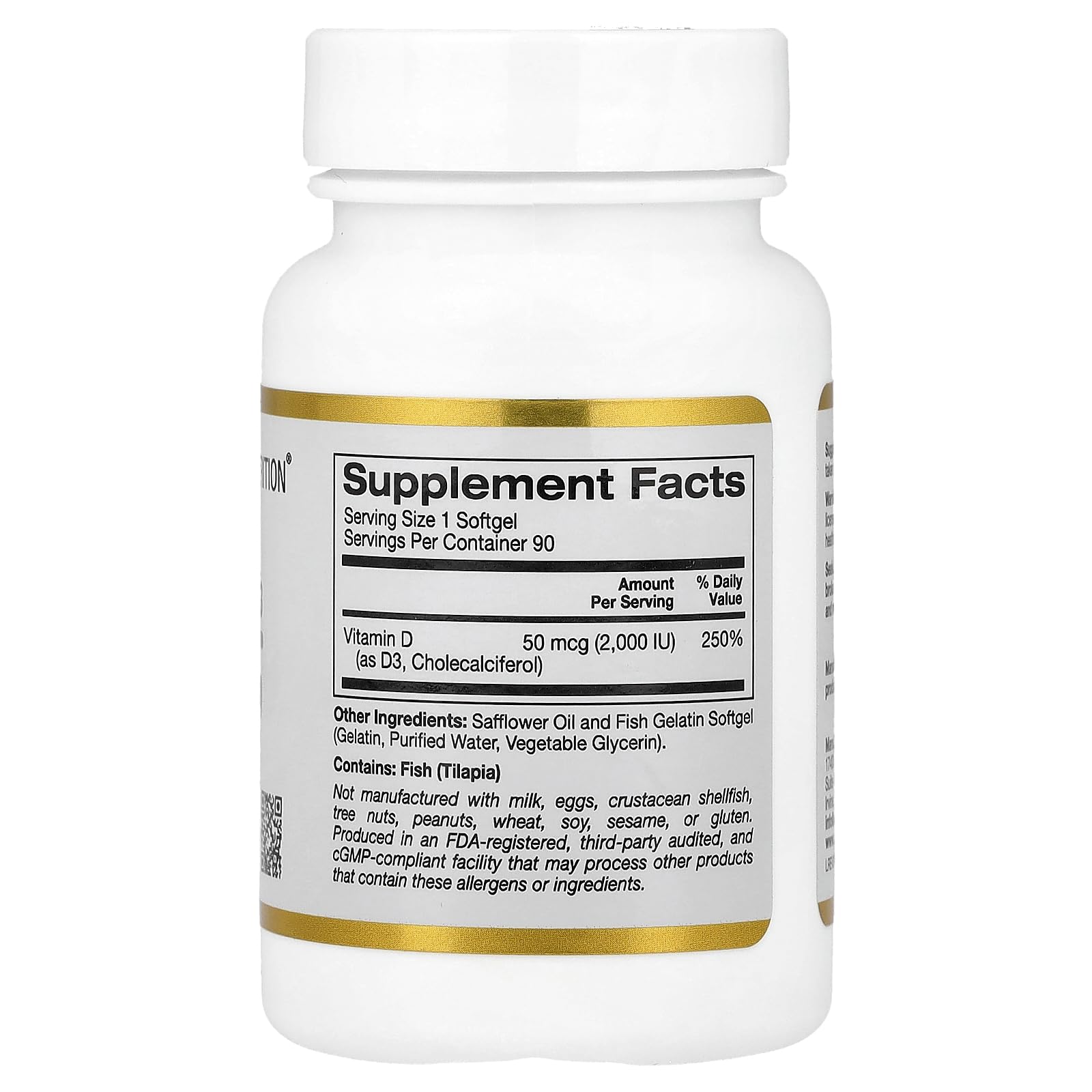 Close-up of California Gold Nutrition Vitamin D3 softgels showing smooth capsules for easy swallowing.